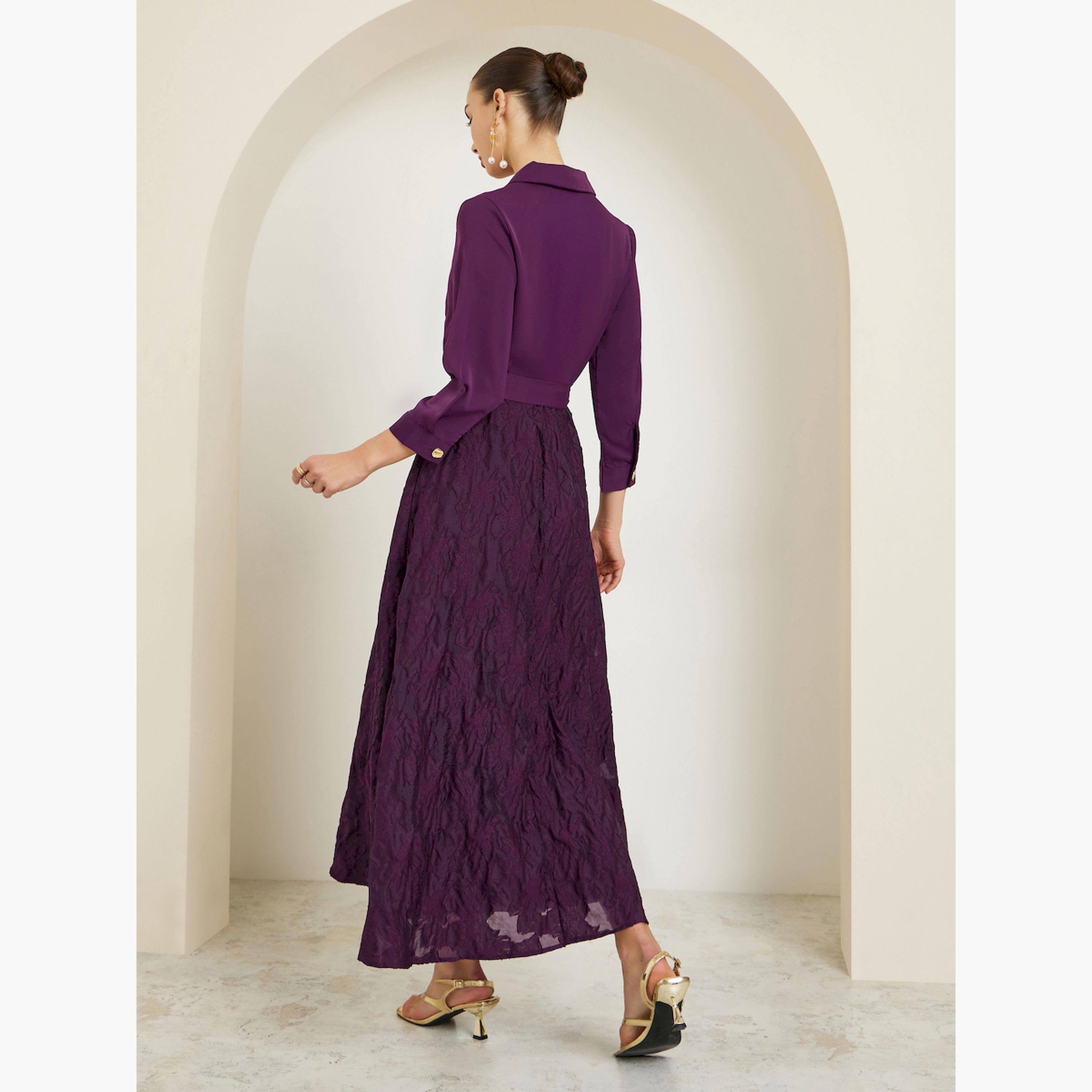 Styli Purple Jacquard Buttoned Maxi Dress with 3/4 Sleeves-women-clothing-dresses-image-4