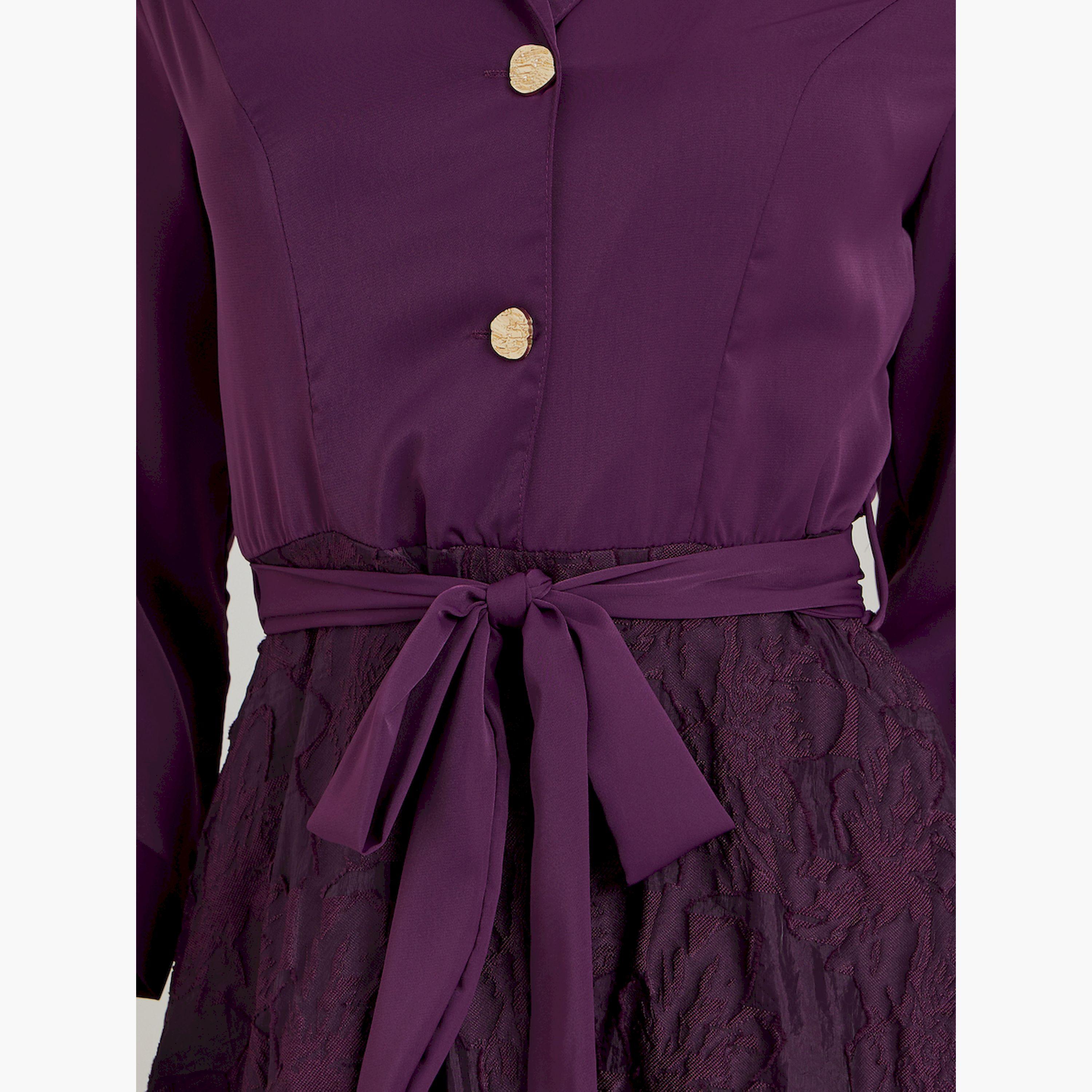 Styli Purple Jacquard Buttoned Maxi Dress with 3/4 Sleeves-women-clothing-dresses-image-5