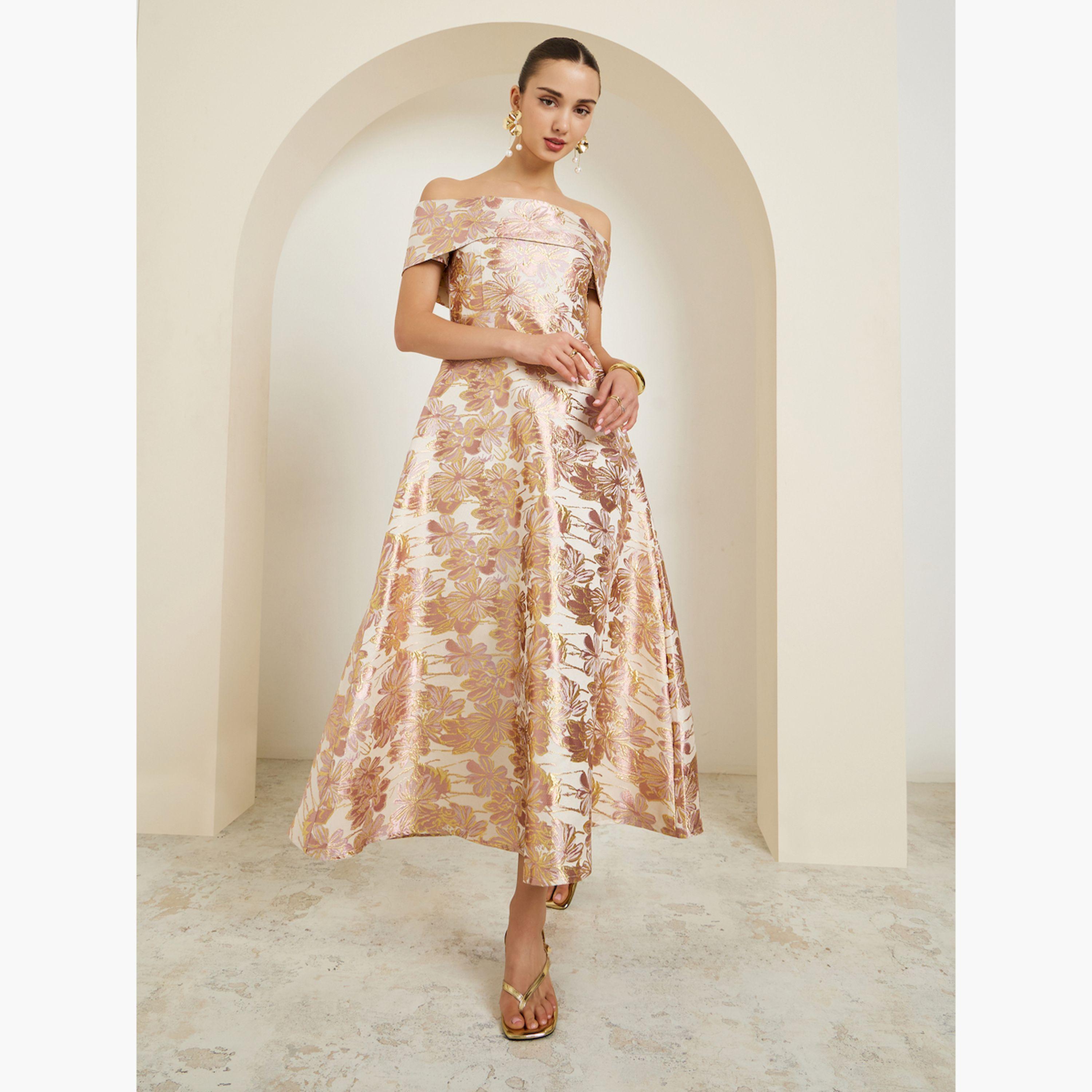 فستان طويل جاكار بأكتاف مكشوفة بحافة واسعة-women-clothing-dresses-image-1