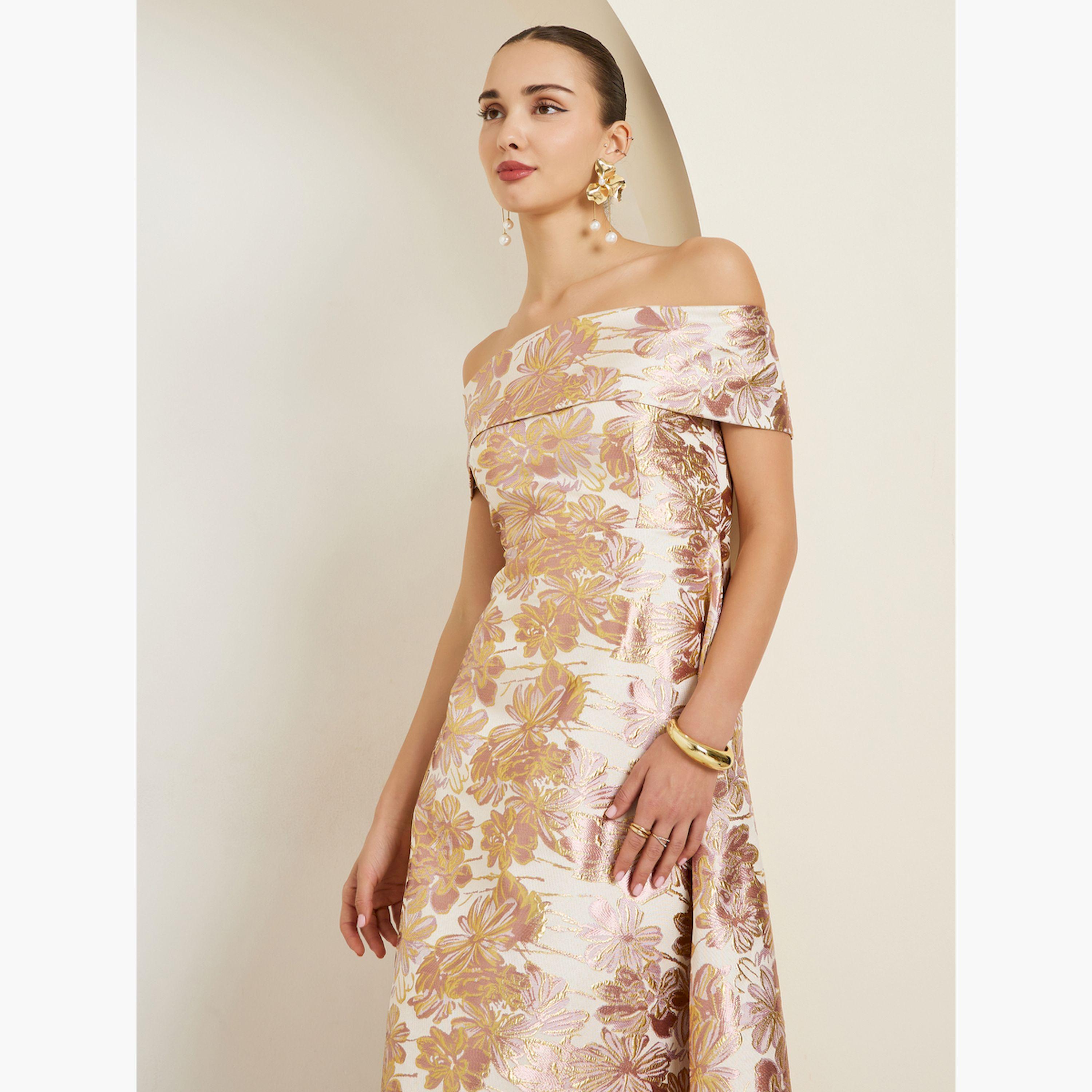 فستان طويل جاكار بأكتاف مكشوفة بحافة واسعة-women-clothing-dresses-image-3