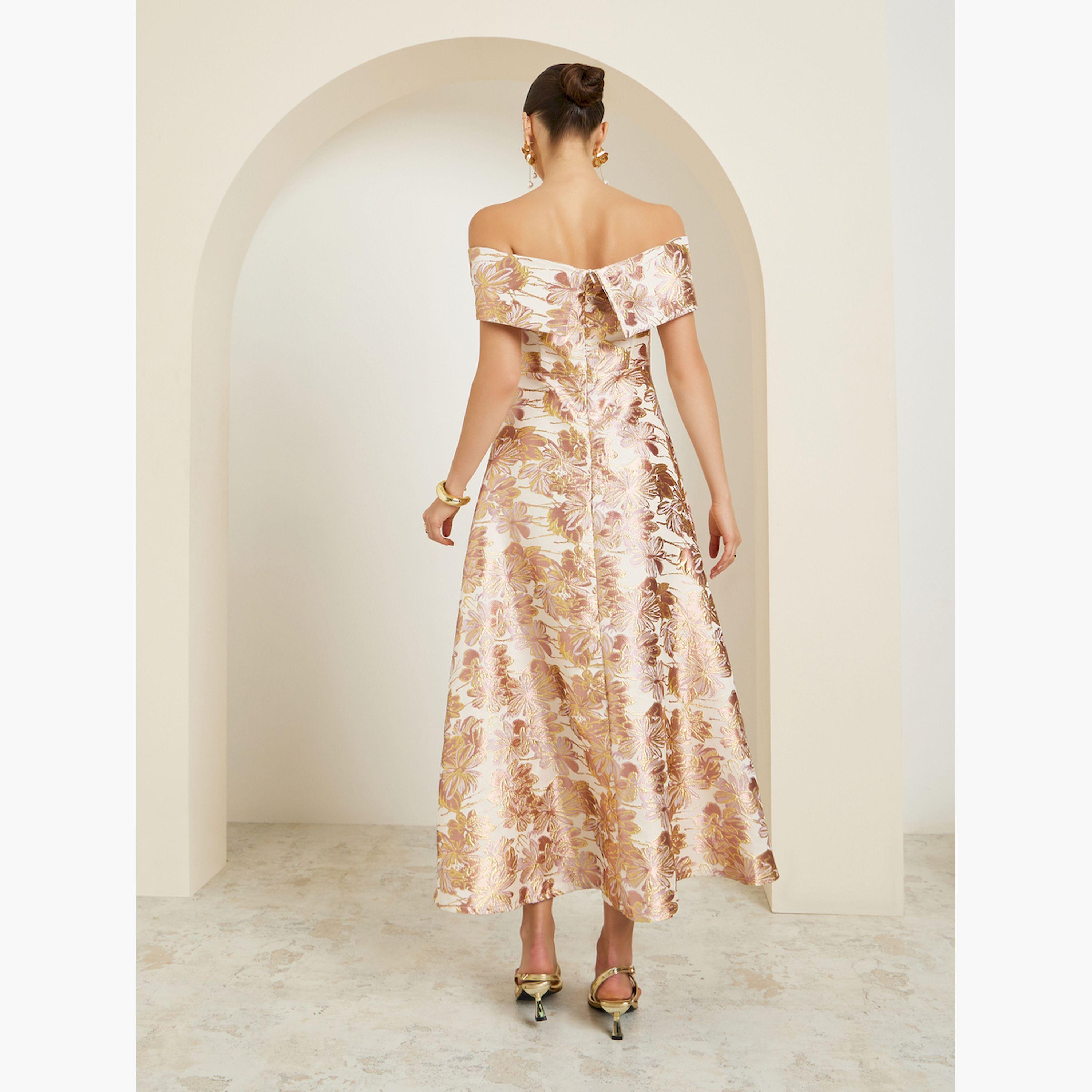 Styli Gold Off Shoulder Jacquard A-Line Maxi Dress-women-clothing-dresses-image-4
