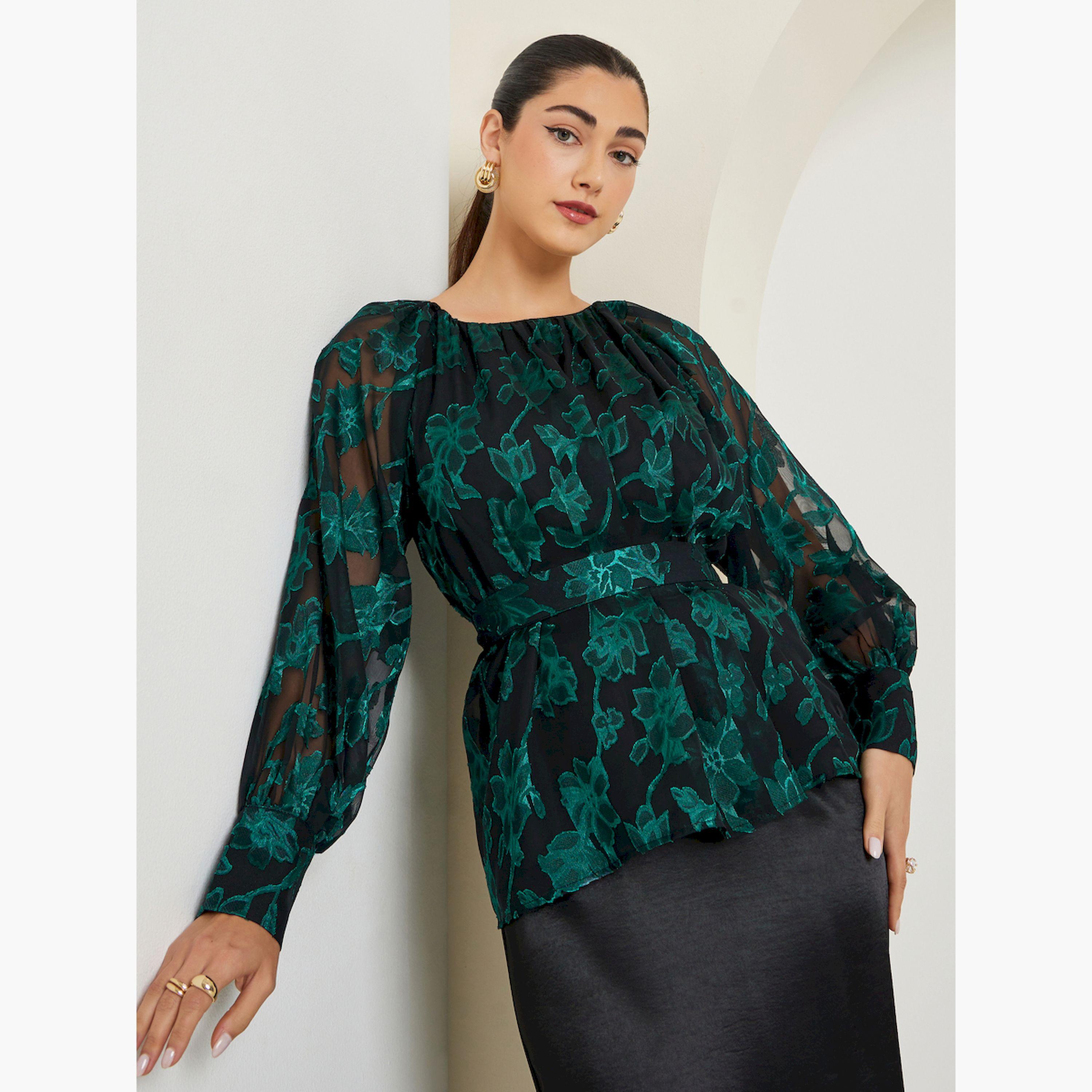 Styli Green Jacquard Floral Long Sleeve Top-women-clothing-shirtsandblouses-blouses-image-1