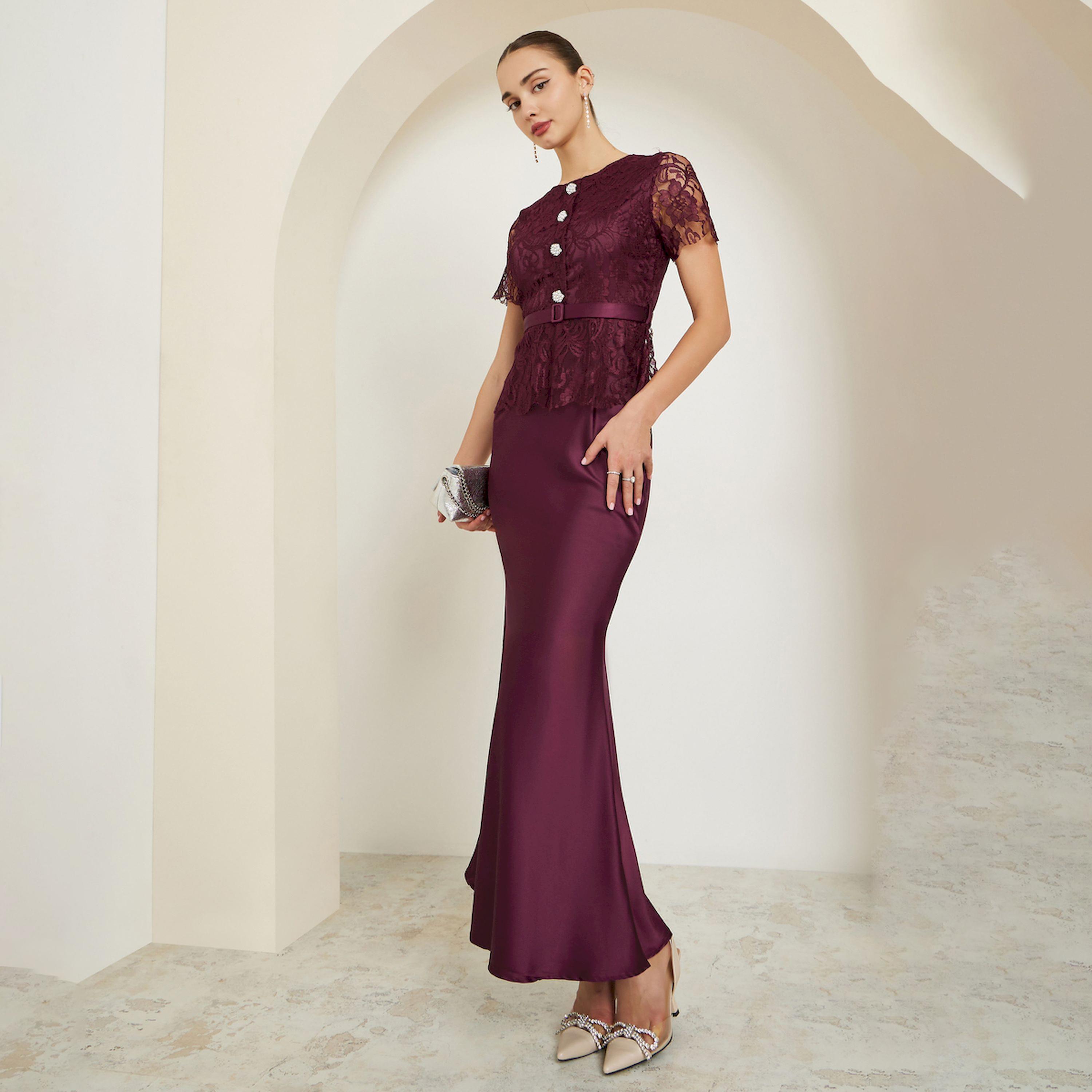 فستان طويل ساتان بتفاصيل دانتيل مع أزرار-women-clothing-dresses-image-1