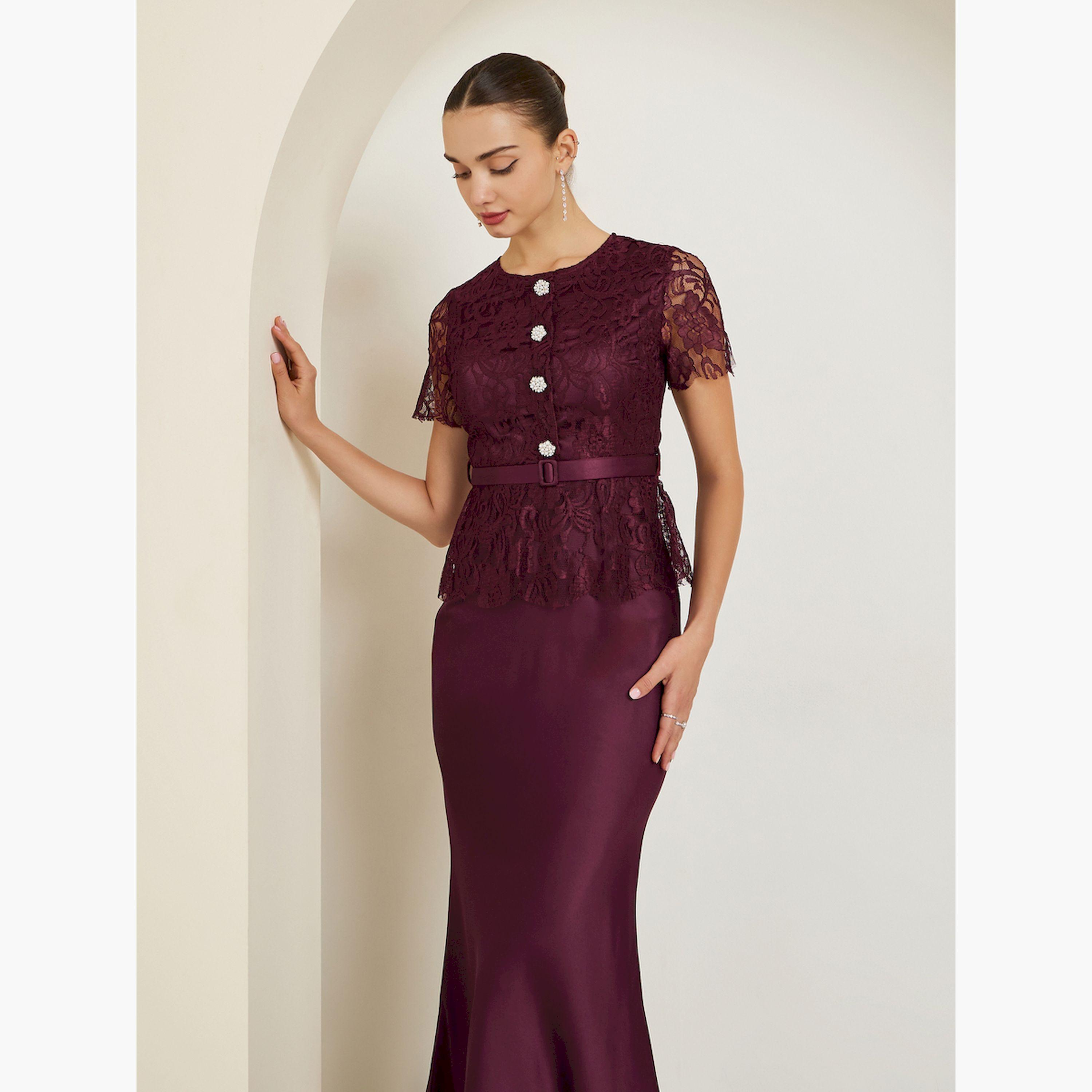 فستان طويل ساتان بتفاصيل دانتيل مع أزرار-women-clothing-dresses-image-2