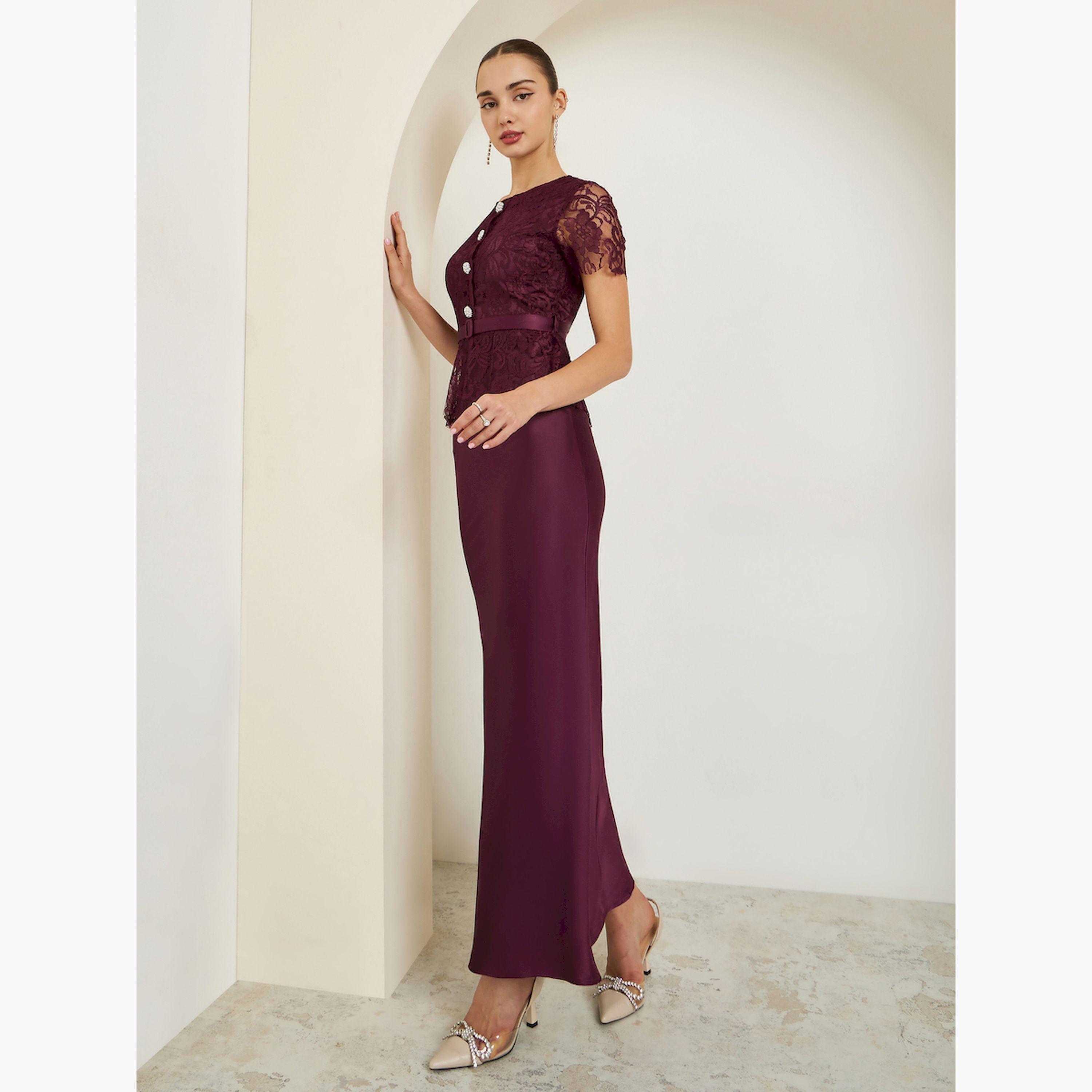 Styli Burgundy Lace Buttoned Satin Maxi Dress-women-clothing-dresses-image-3