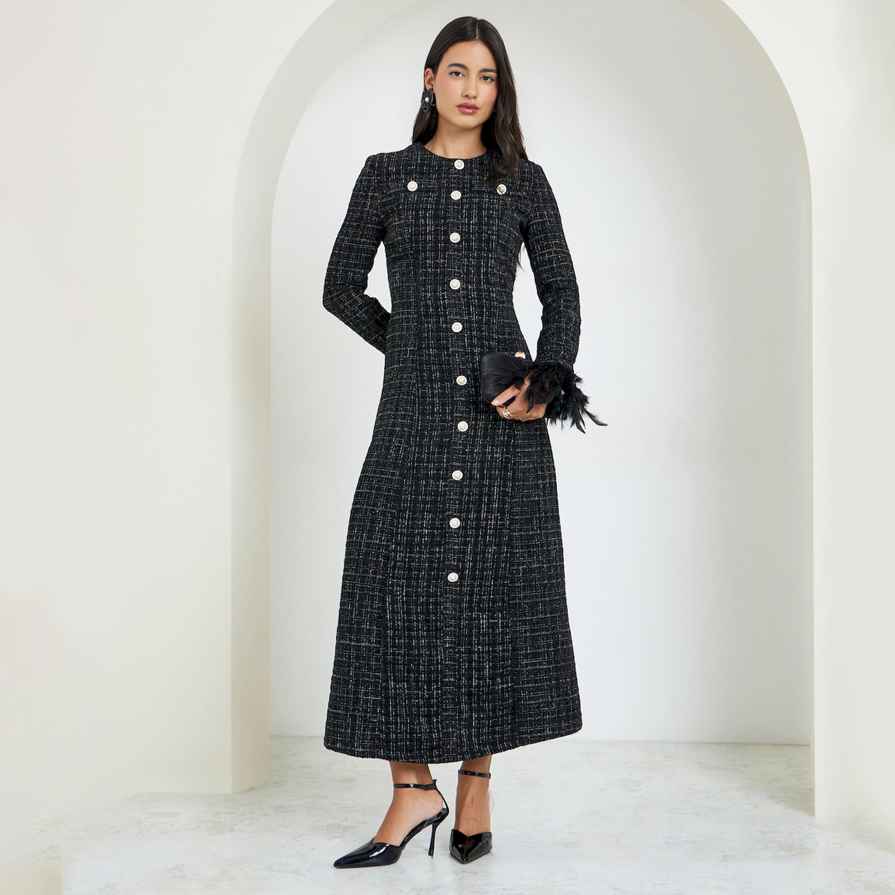 Styli Black Tweed Buttoned Maxi Dress-women-clothing-dresses-image-1