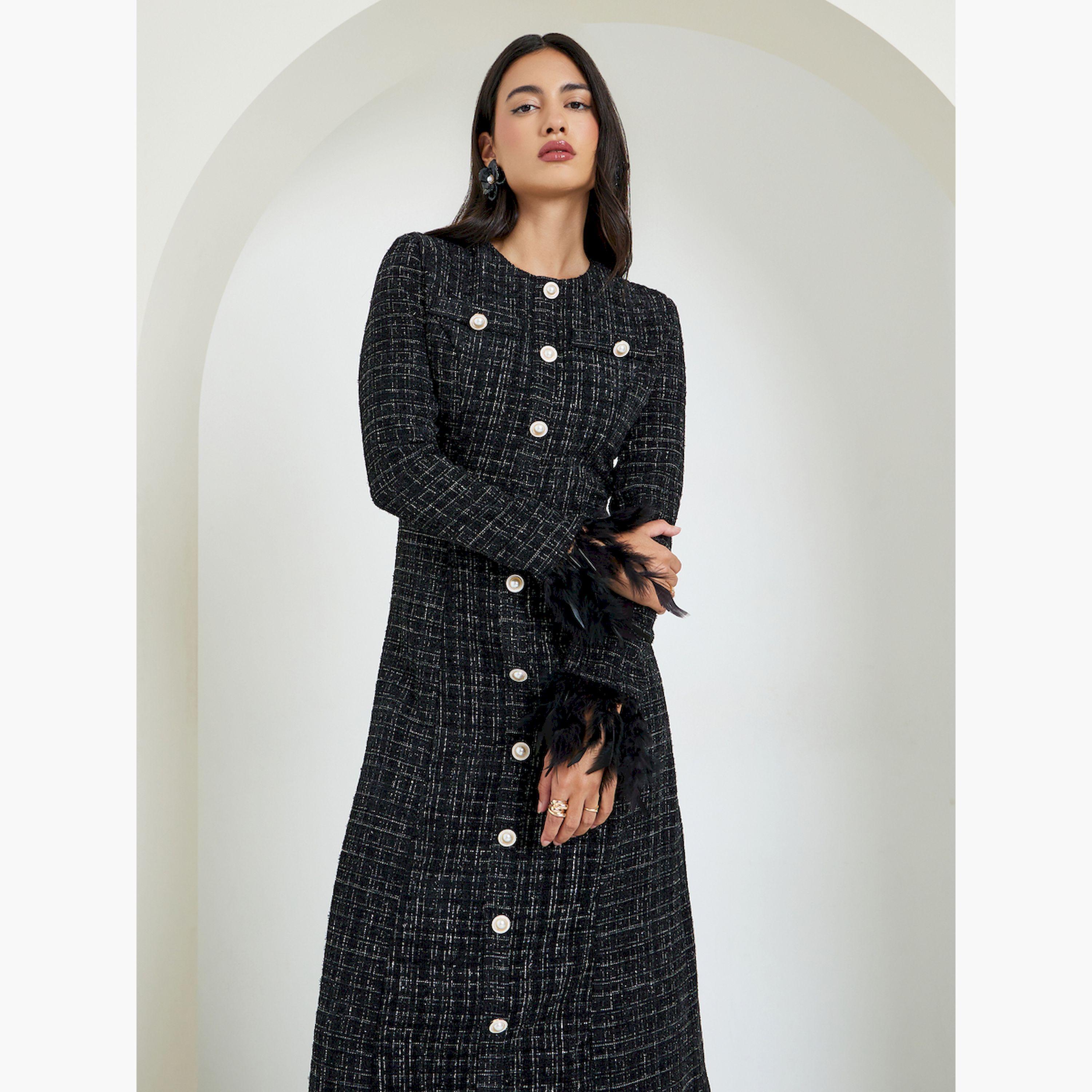 Styli Black Tweed Buttoned Maxi Dress-women-clothing-dresses-image-2