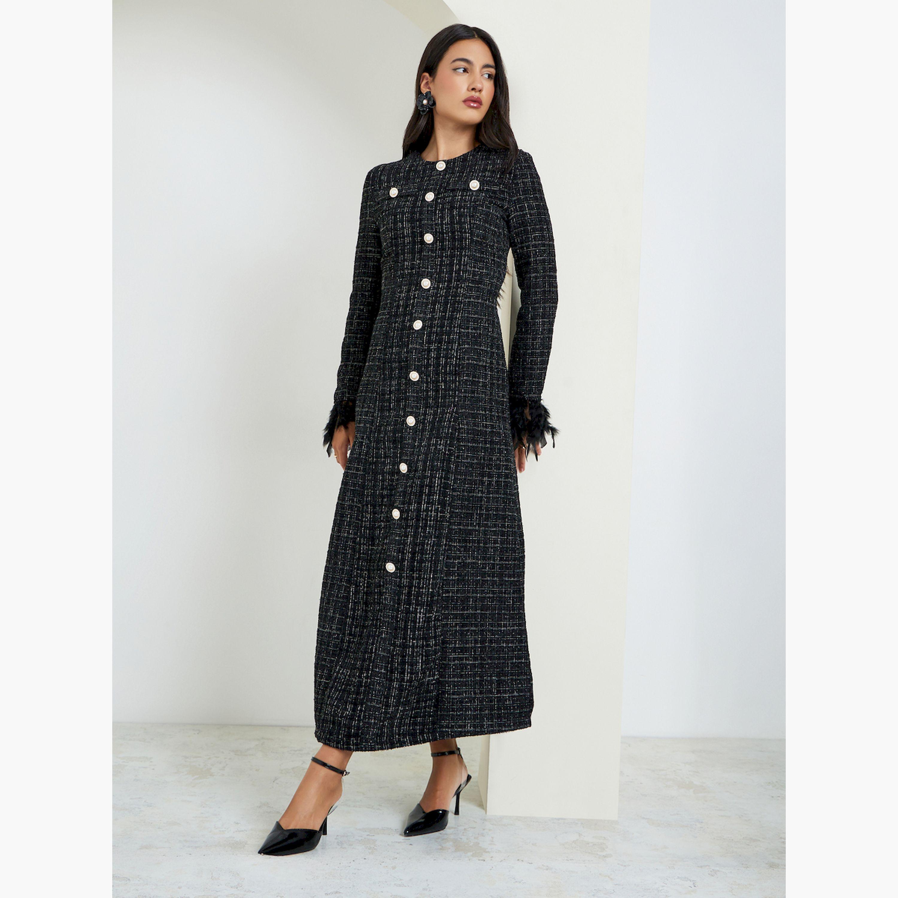 Styli Black Tweed Buttoned Maxi Dress-women-clothing-dresses-image-3