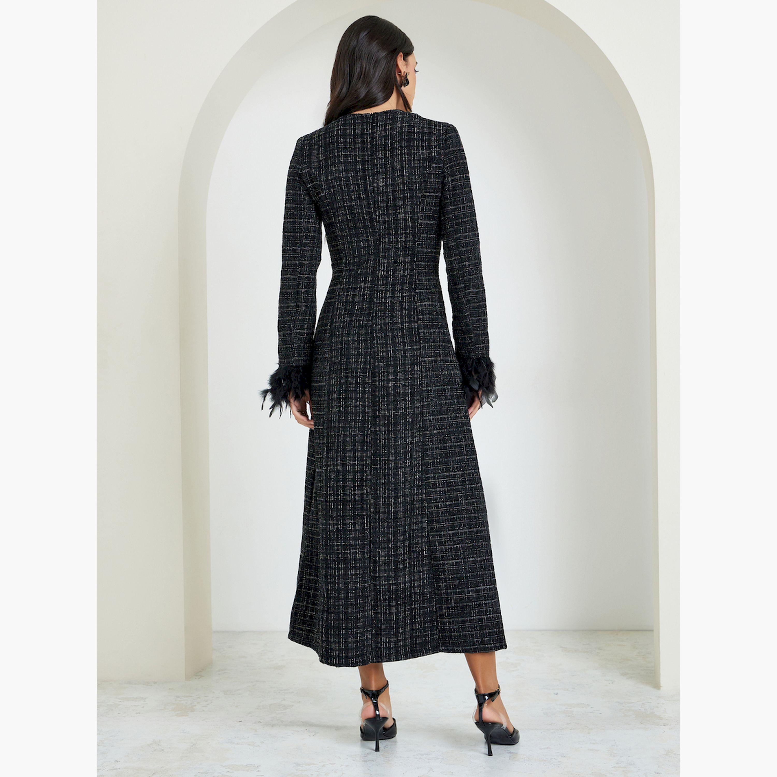 Styli Black Tweed Buttoned Maxi Dress-women-clothing-dresses-image-4