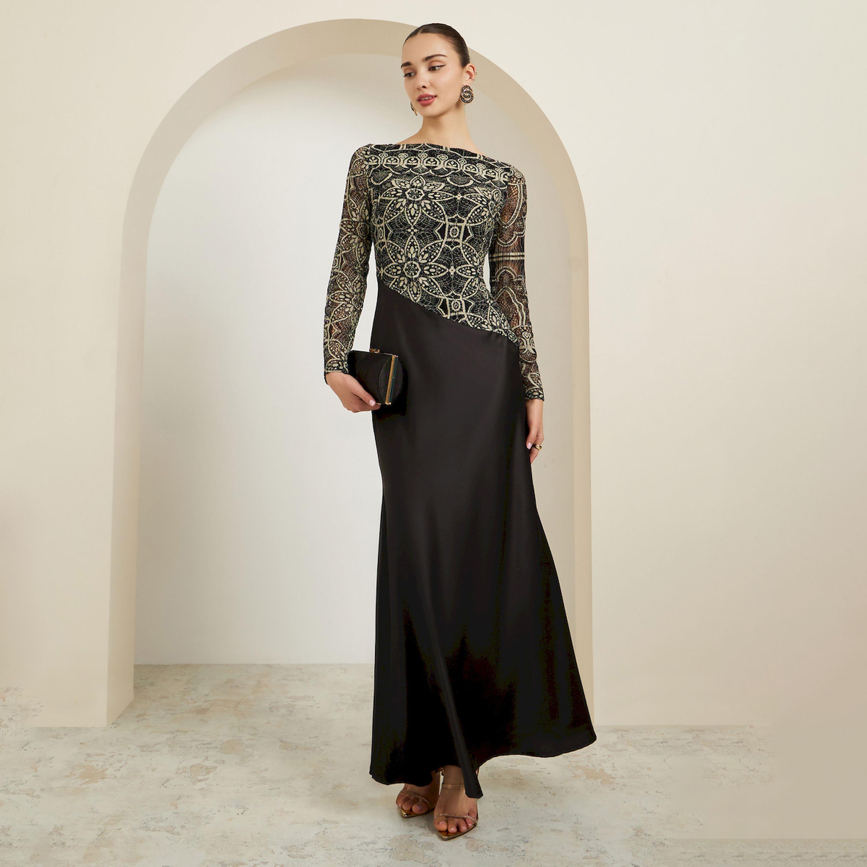 Styli Black Asymmetric Lace Satin Maxi Dress-women-clothing-dresses-image-1