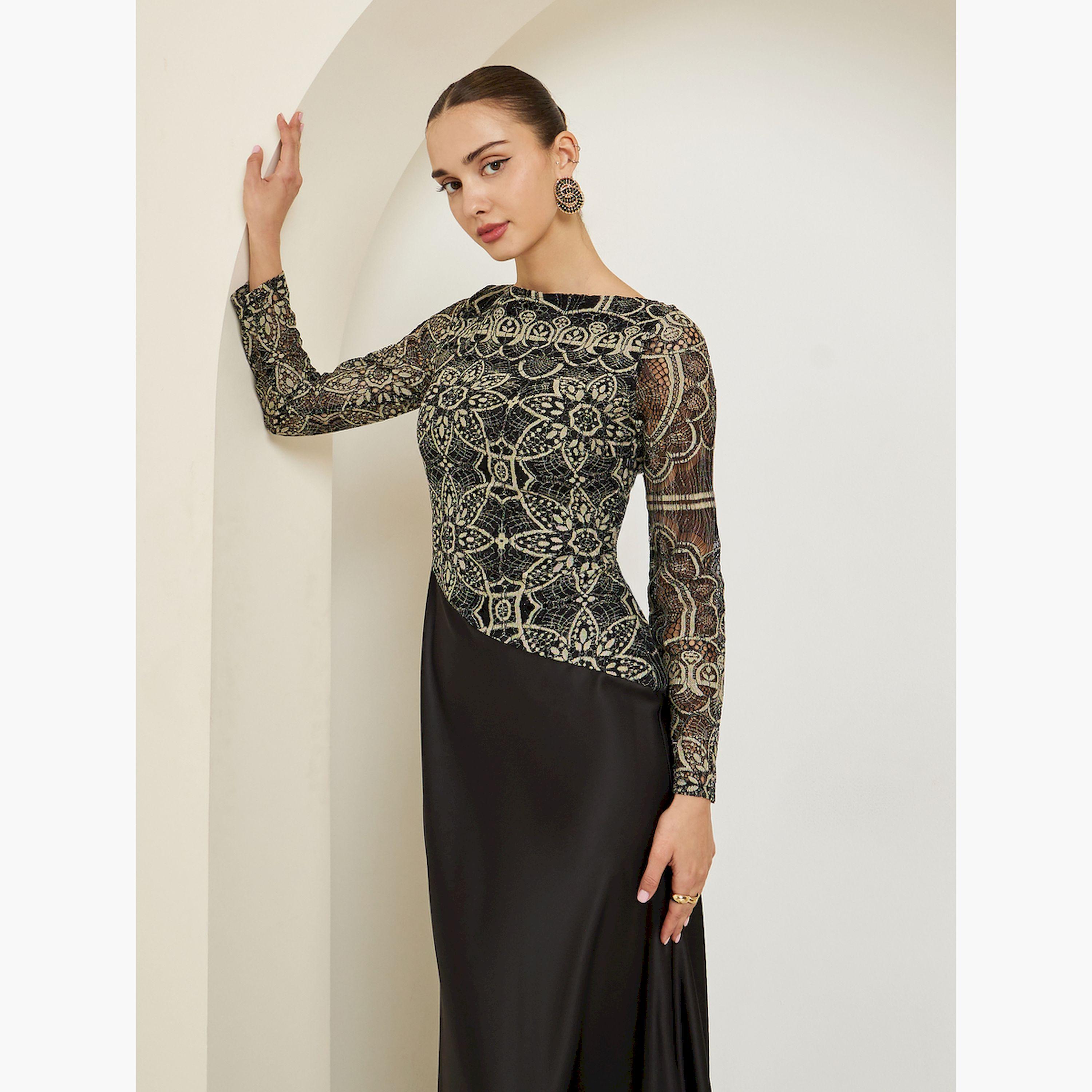 Styli Black Asymmetric Lace Satin Maxi Dress-women-clothing-dresses-image-2