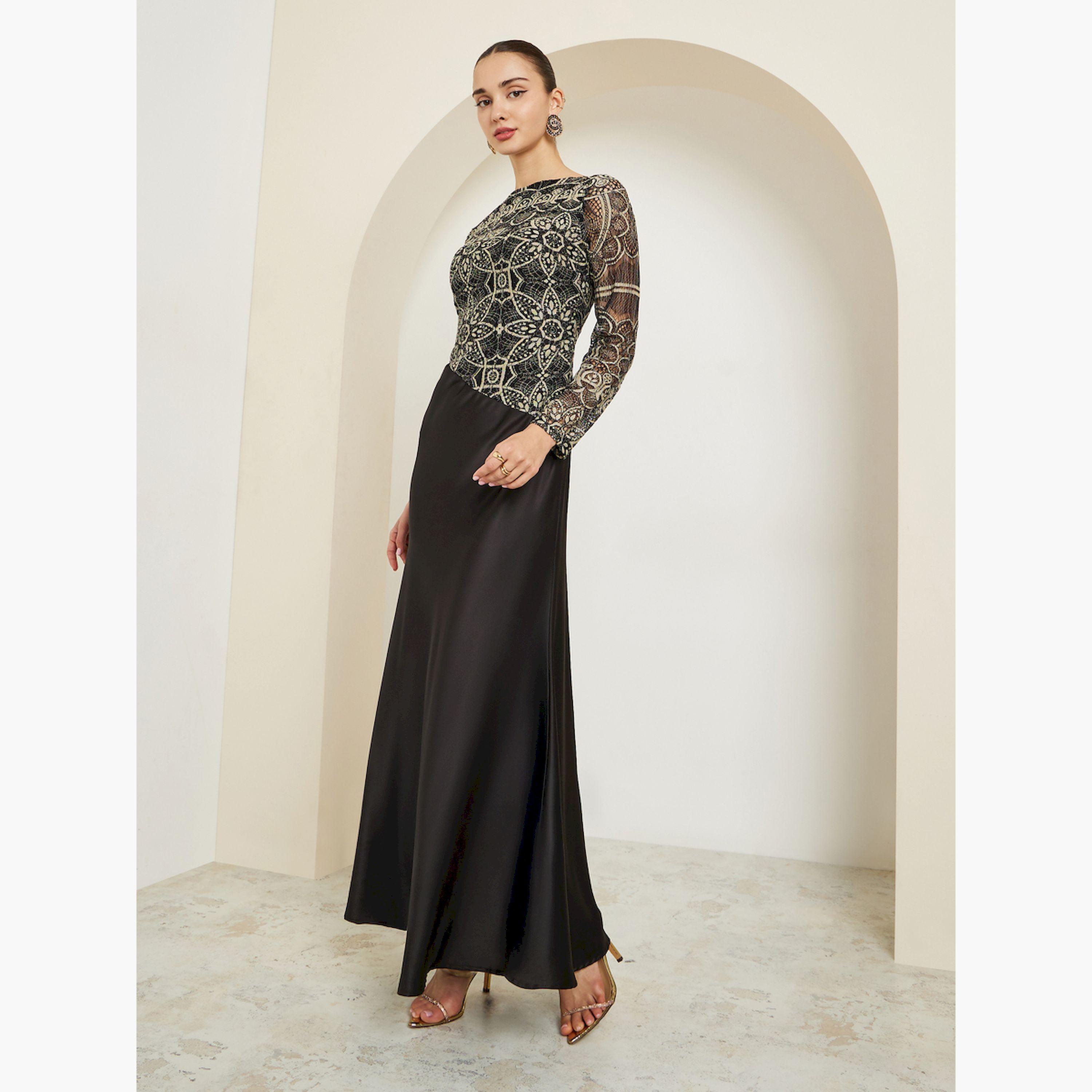 فستان طويل أسود ساتان بدانتيل غير متماثل الطول-women-clothing-dresses-image-3