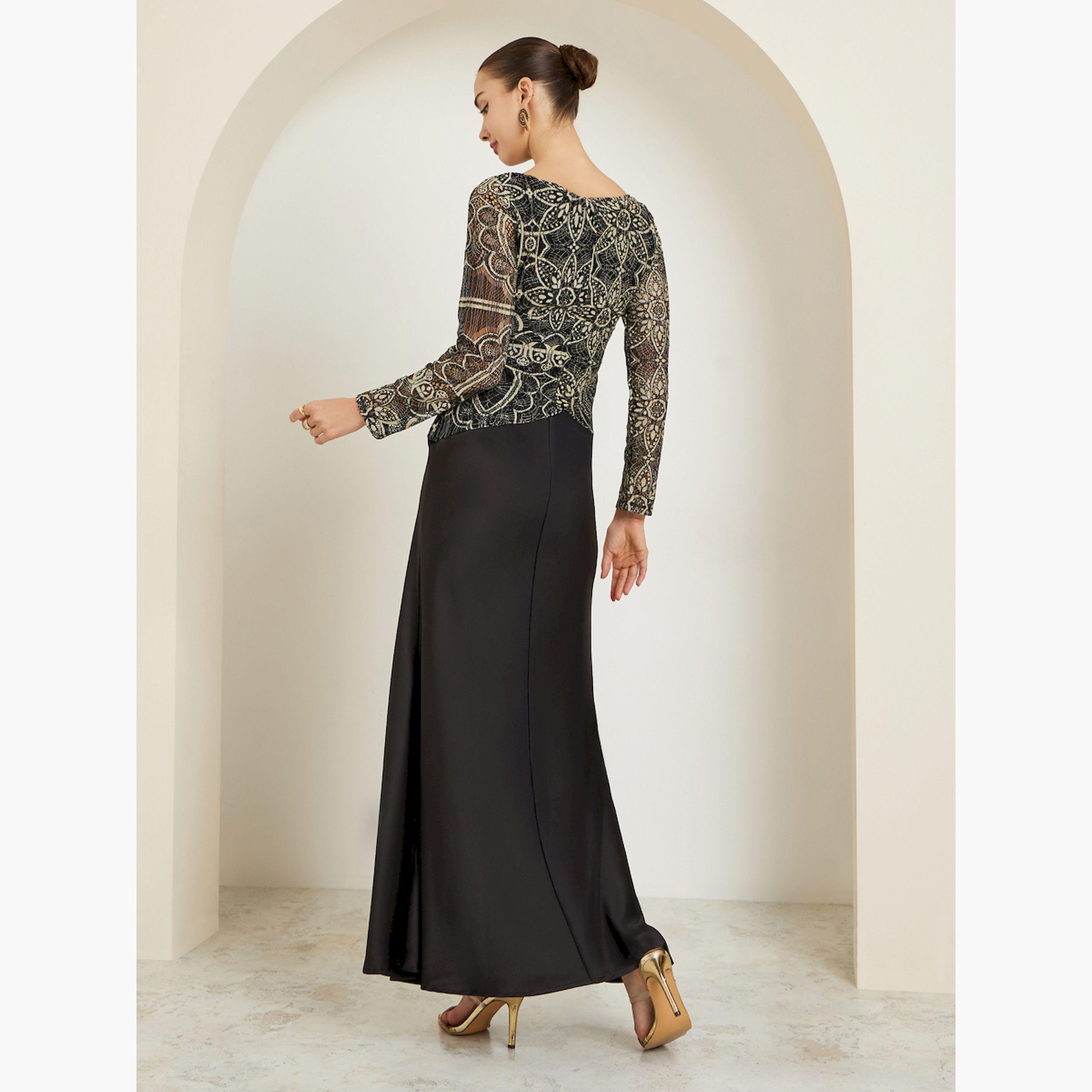 Styli Black Asymmetric Lace Satin Maxi Dress-women-clothing-dresses-image-5