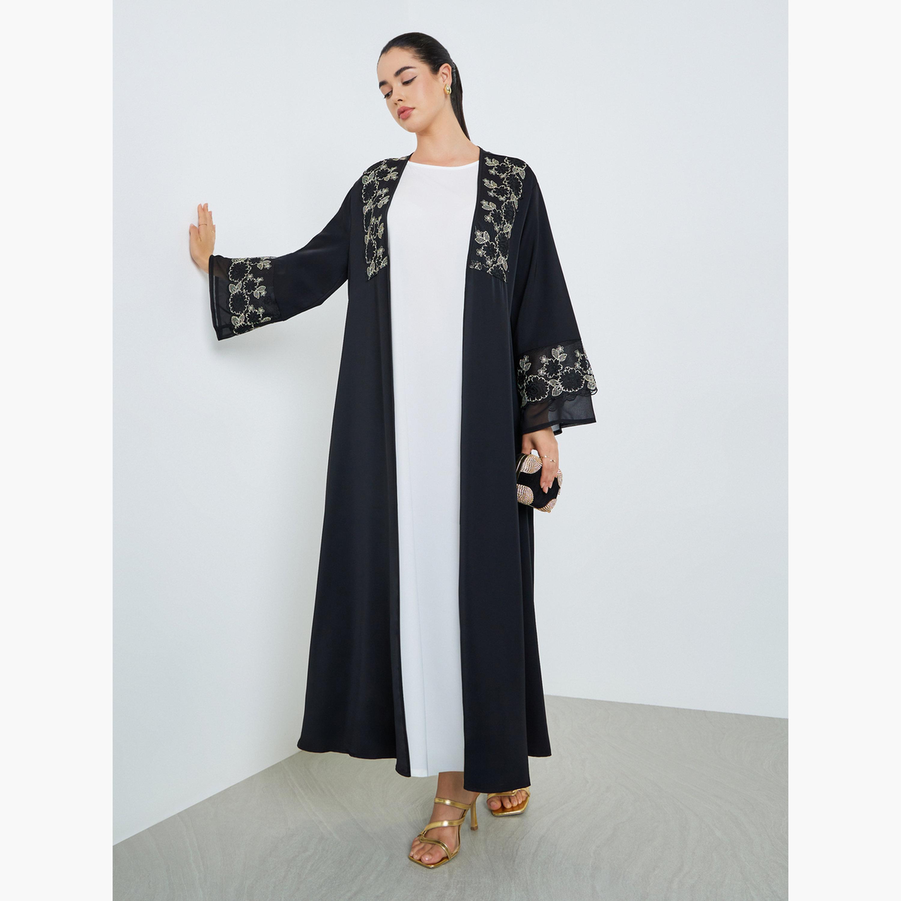 طقم عباية كيمونو سوداء مزينة مع فستان داخلي-women-arabicclothing-abayas-image-2