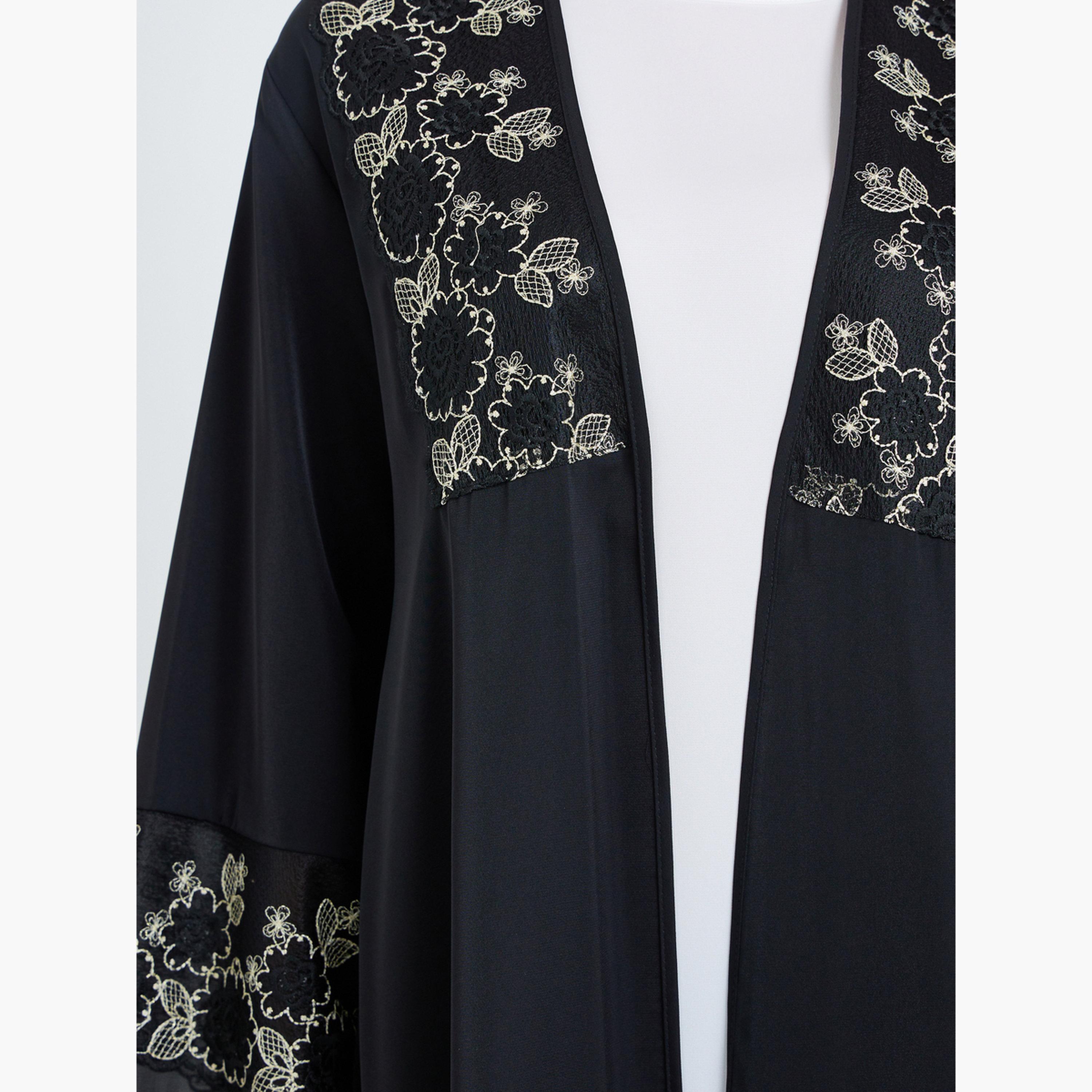 طقم عباية كيمونو سوداء مزينة مع فستان داخلي-women-arabicclothing-abayas-image-3