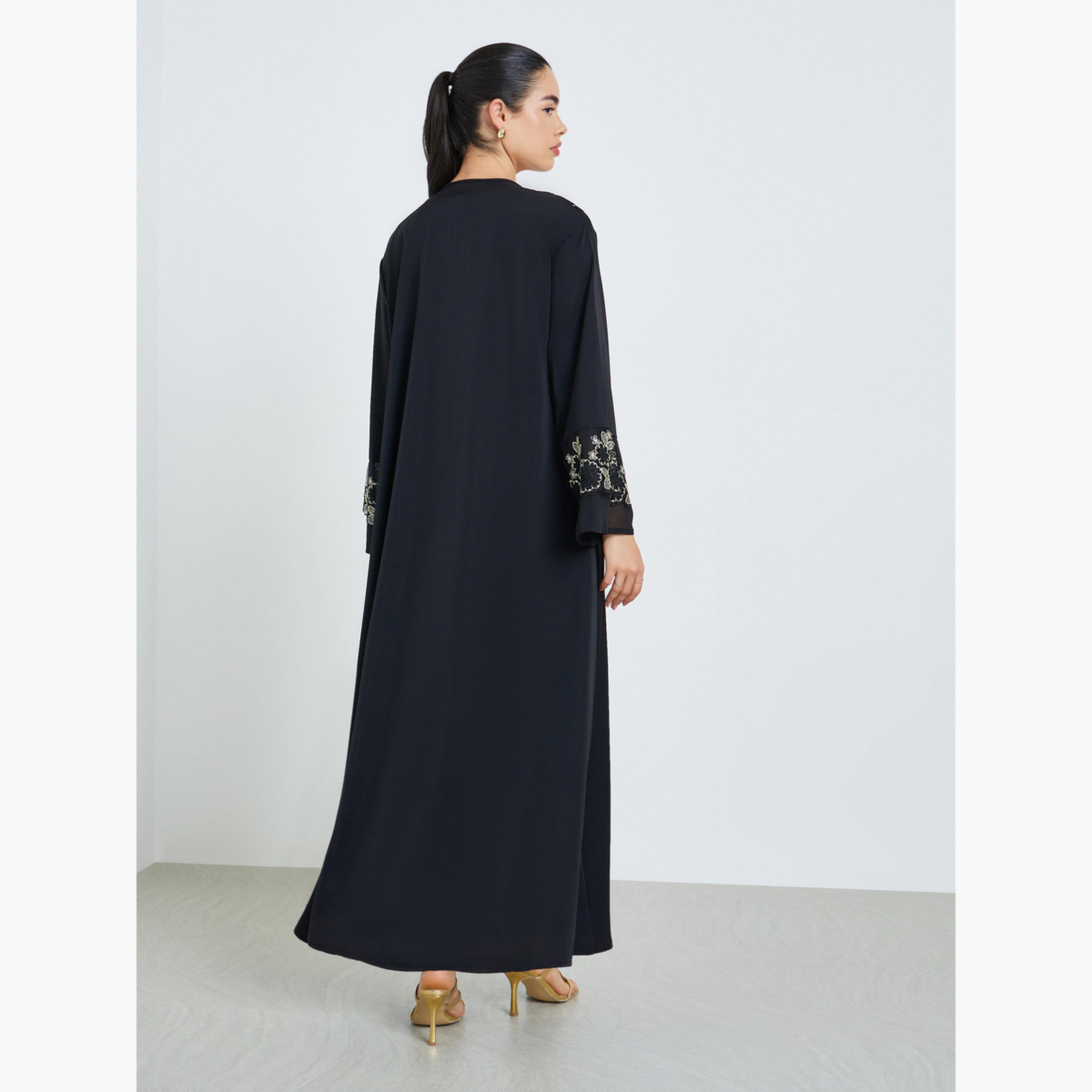 طقم عباية كيمونو سوداء مزينة مع فستان داخلي-women-arabicclothing-abayas-image-4