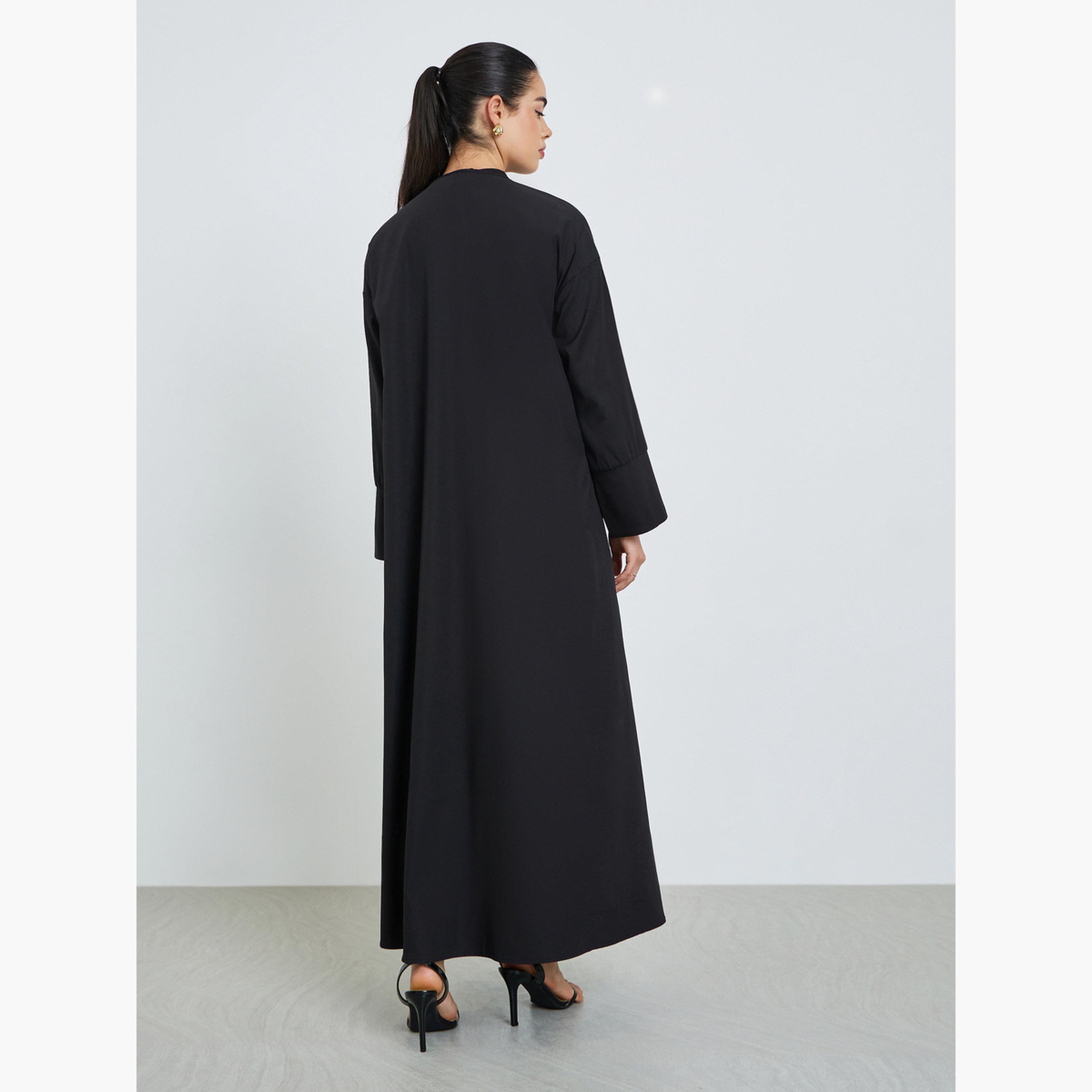عباية سوداء مع وشاح مطبوع بملمس بارز-women-arabicclothing-abayas-image-3