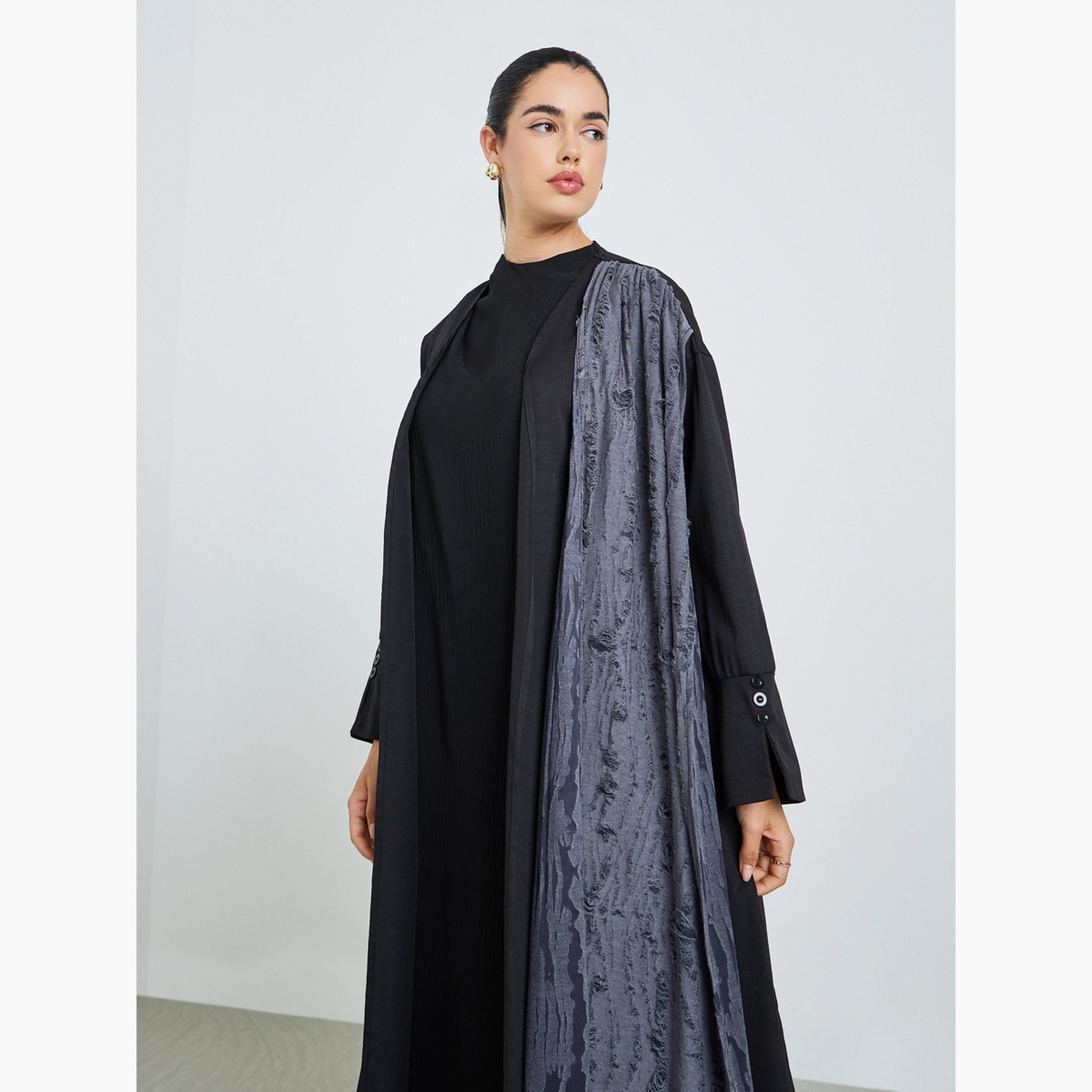 عباية سوداء مع وشاح مطبوع بملمس بارز-women-arabicclothing-abayas-image-4