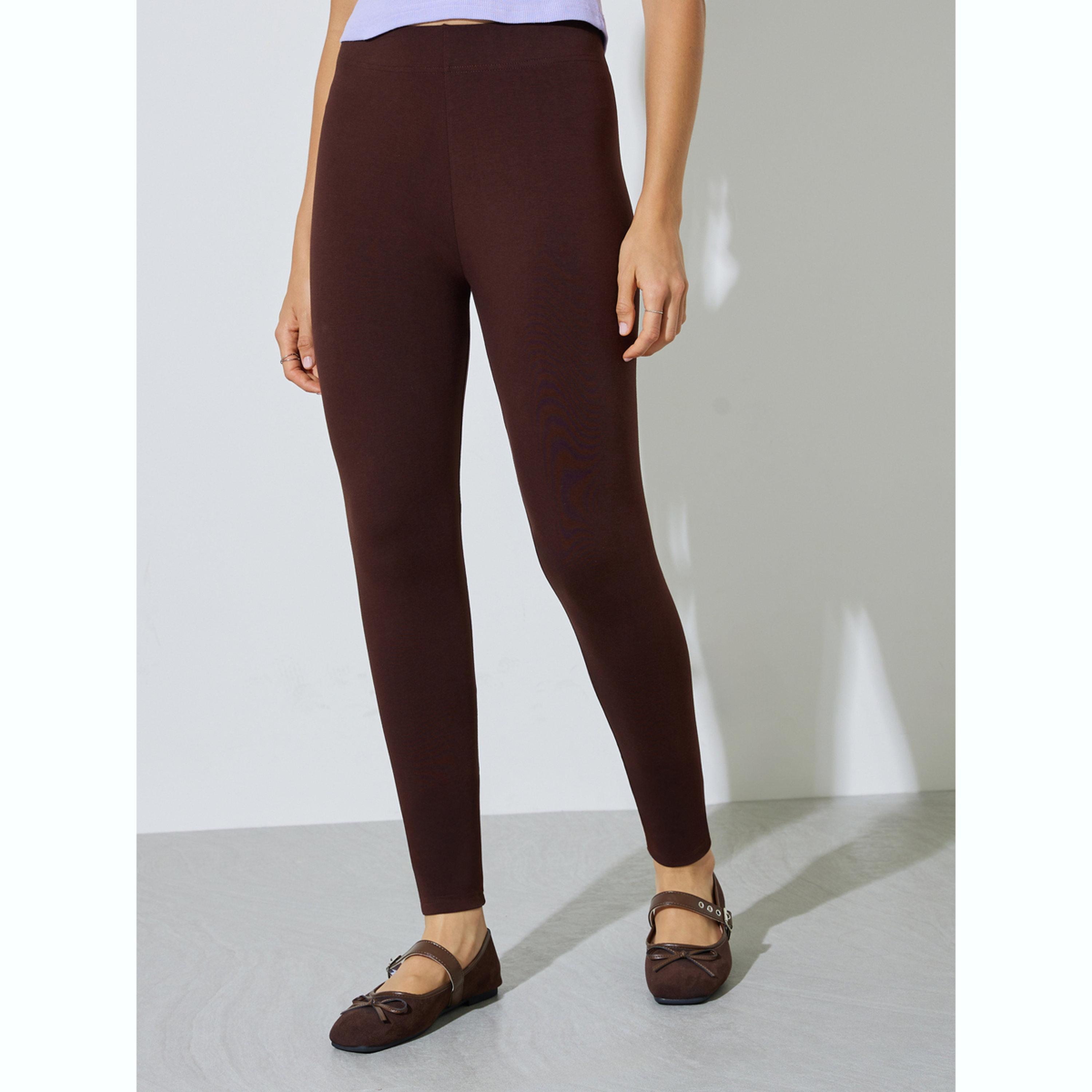 Styli Brown Solid Cotton Blend Leggings-women-clothing-bottoms-leggings-image-1