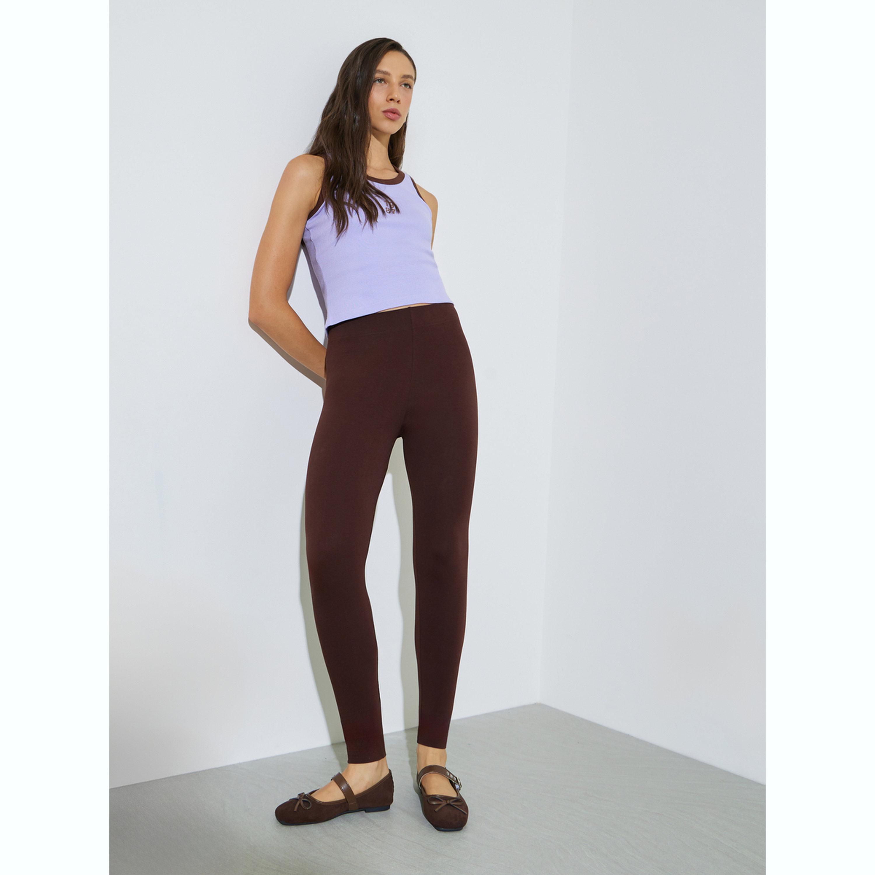 Styli Brown Solid Cotton Blend Leggings-women-clothing-bottoms-leggings-image-2