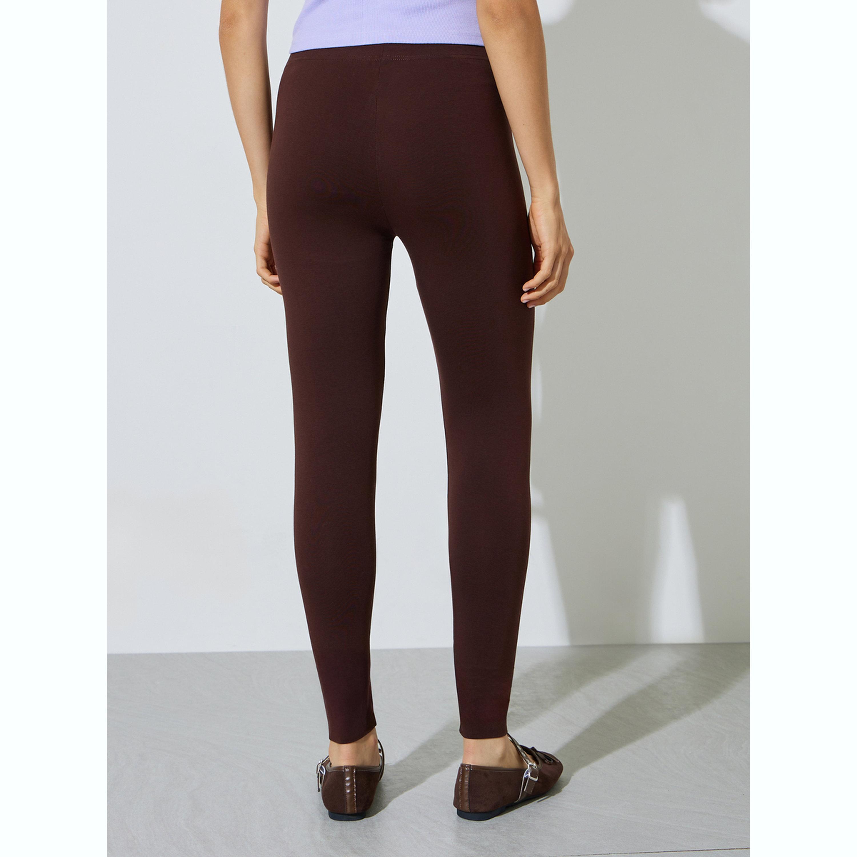 Styli Brown Solid Cotton Blend Leggings-women-clothing-bottoms-leggings-image-4