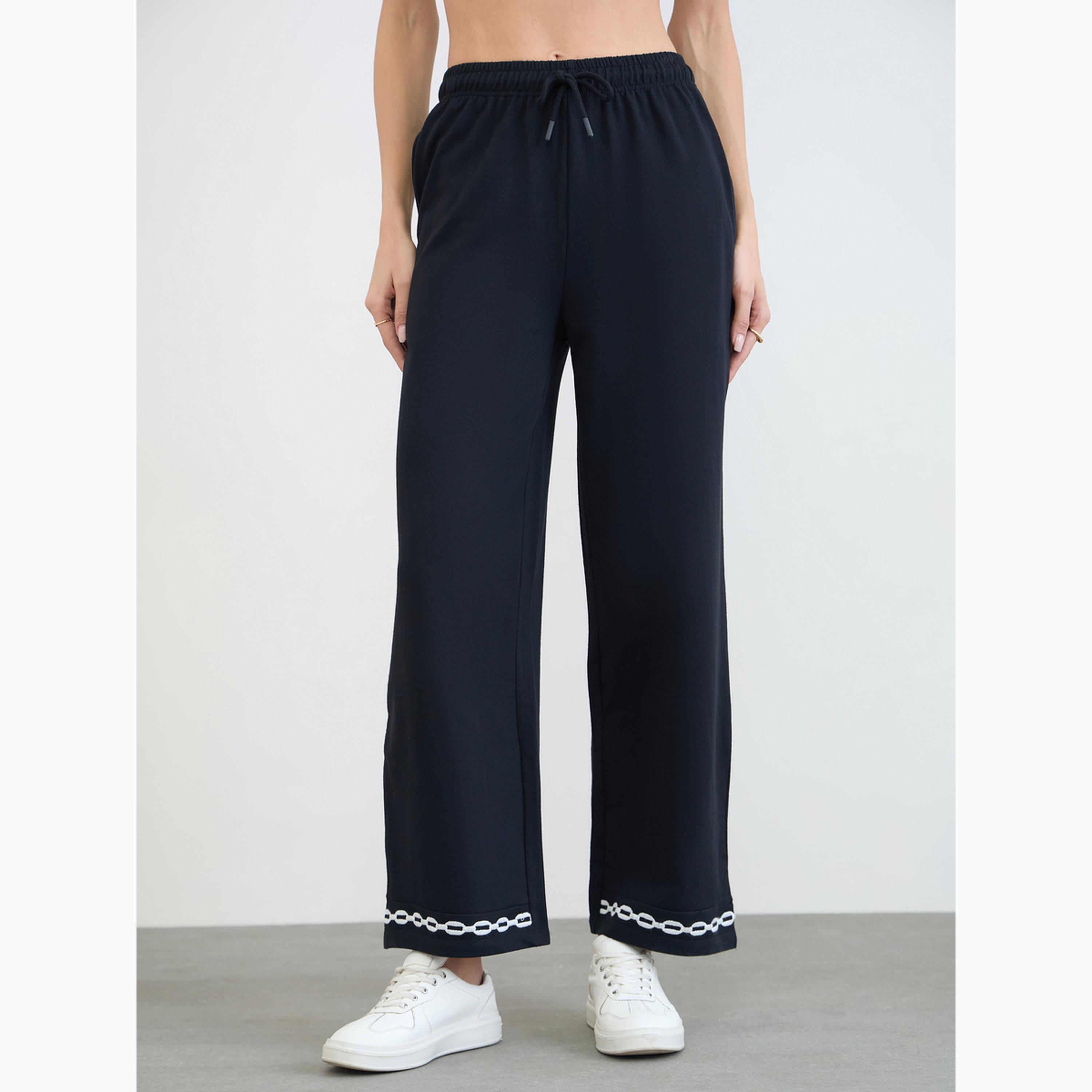Styli Black Embroidered Hem Wide Leg Joggers-women-clothing-bottoms-joggers-image-1