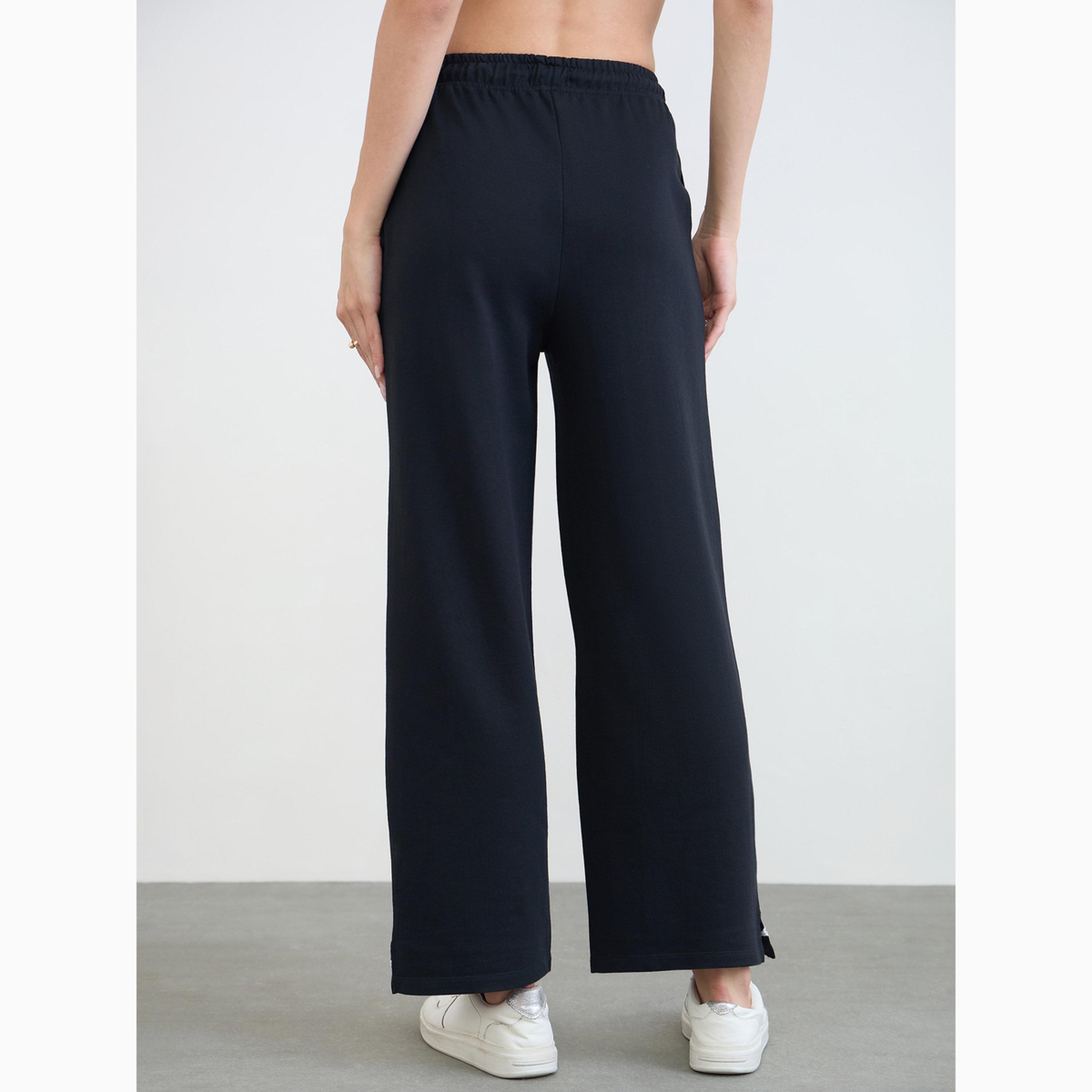 Styli Black Embroidered Hem Wide Leg Joggers-women-clothing-bottoms-joggers-image-4