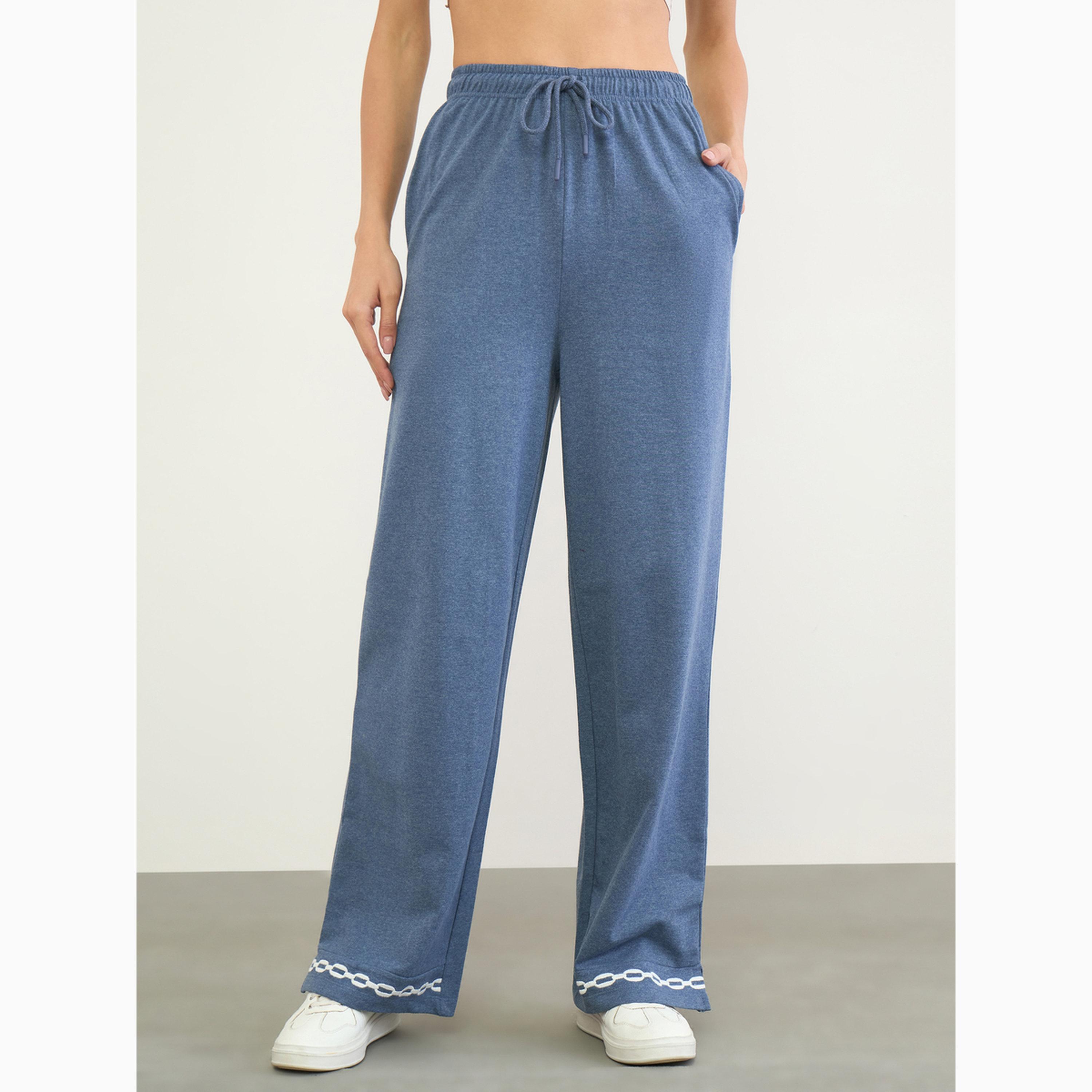 Styli Blue Embroidered Hem Wide Leg Joggers-women-clothing-bottoms-joggers-image-1
