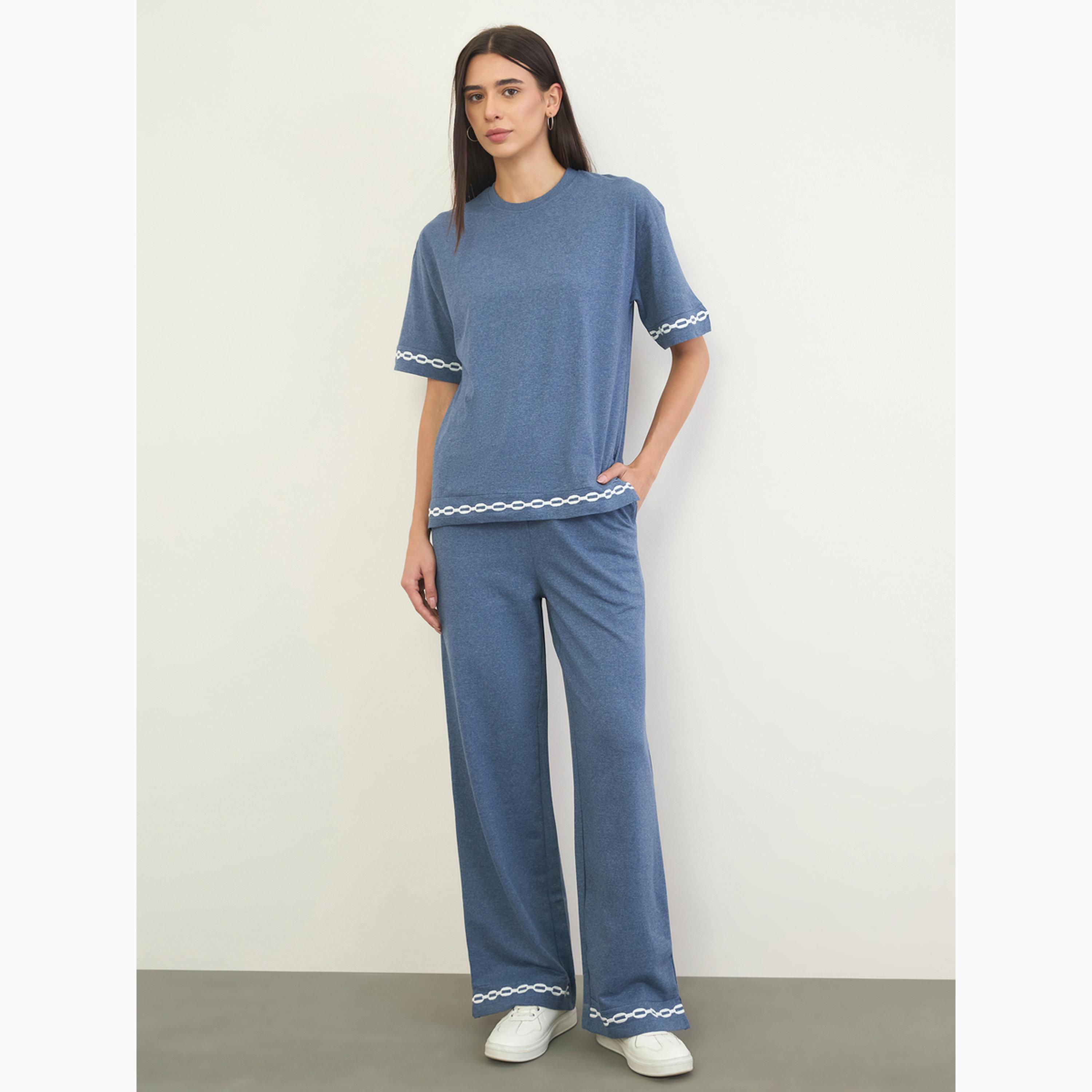 Styli Blue Embroidered Hem Wide Leg Joggers-women-clothing-bottoms-joggers-image-2