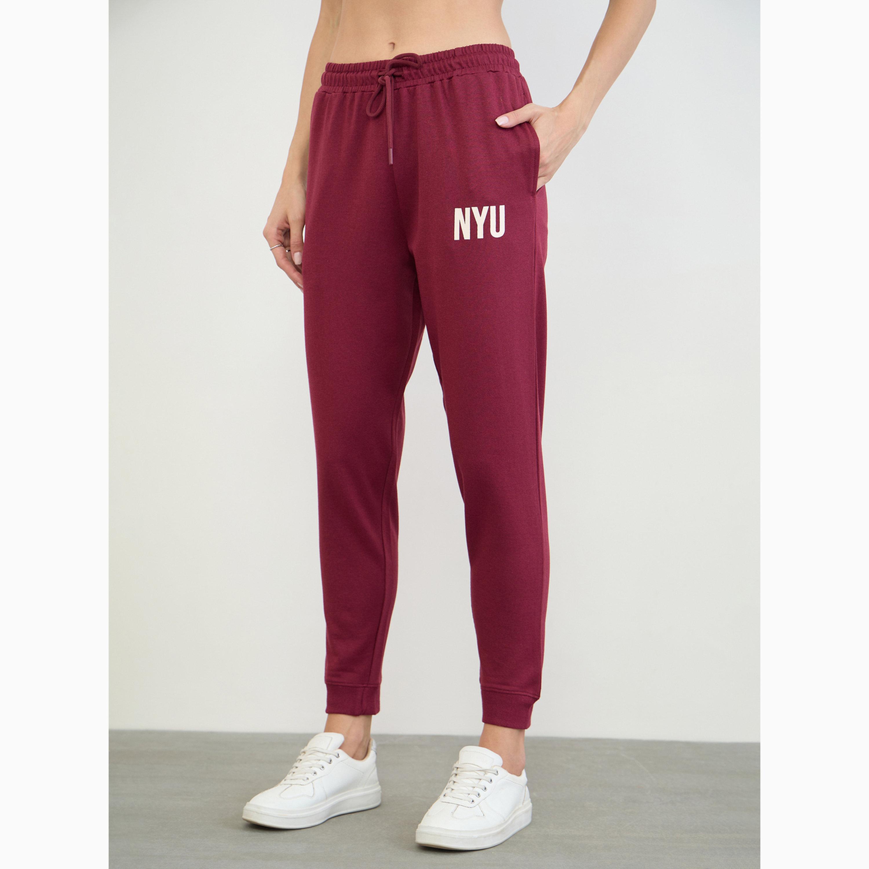 Styli Burgundy NYU Print Cuffed Joggers-women-clothing-bottoms-joggers-image-1