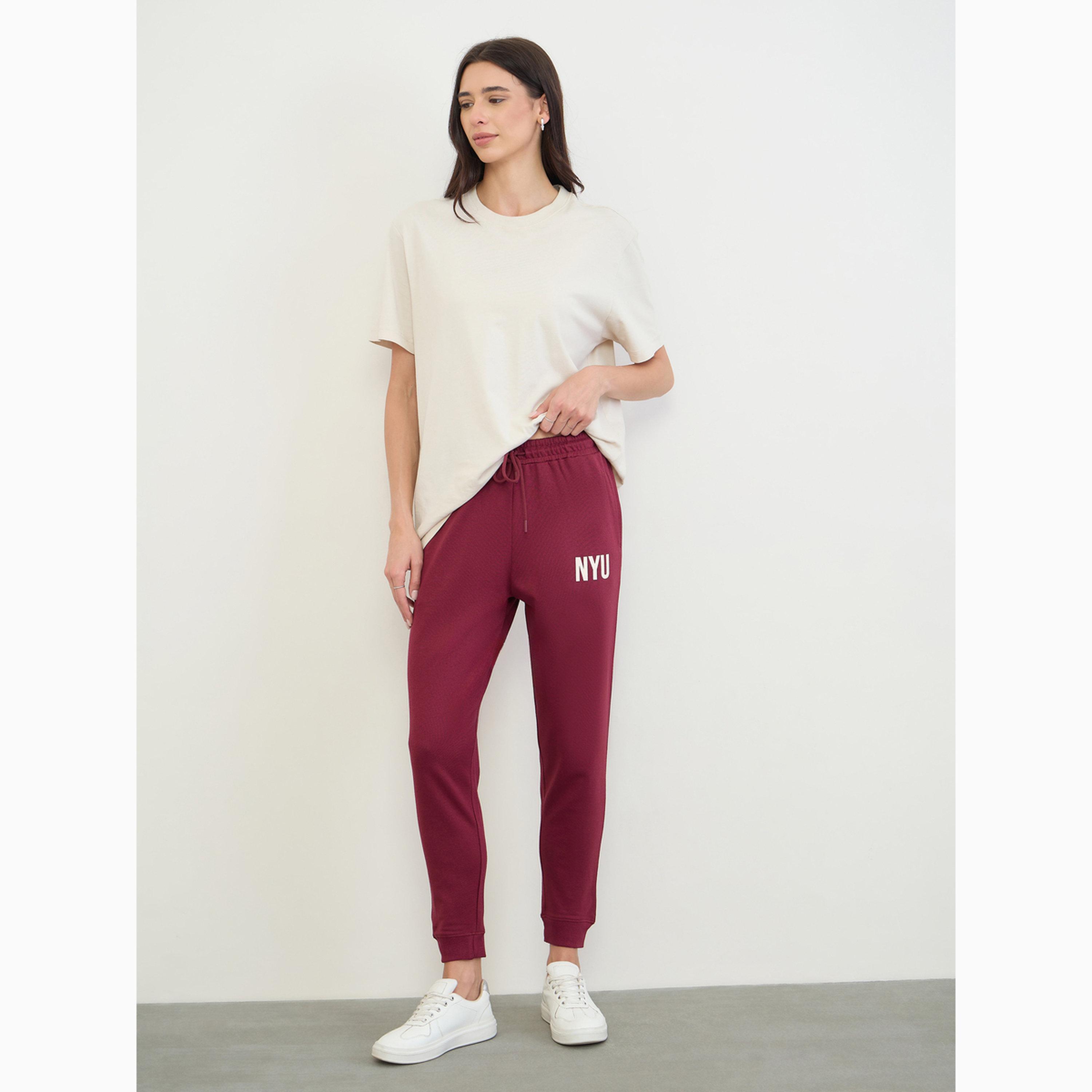 Styli Burgundy NYU Print Cuffed Joggers-women-clothing-bottoms-joggers-image-2