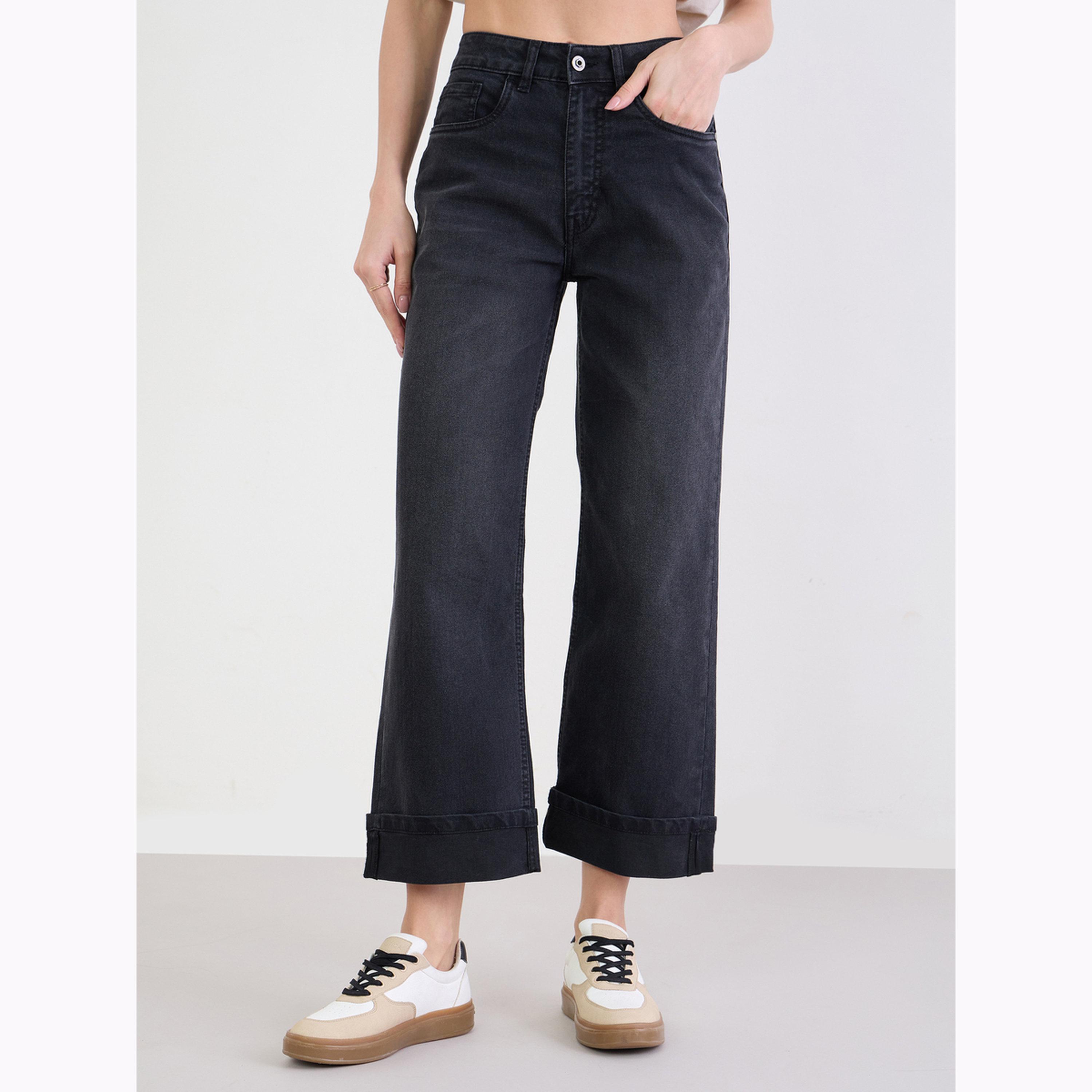Styli Black Turn-Up Hem Straight Leg Jeans-women-clothing-bottoms-jeans-image-1