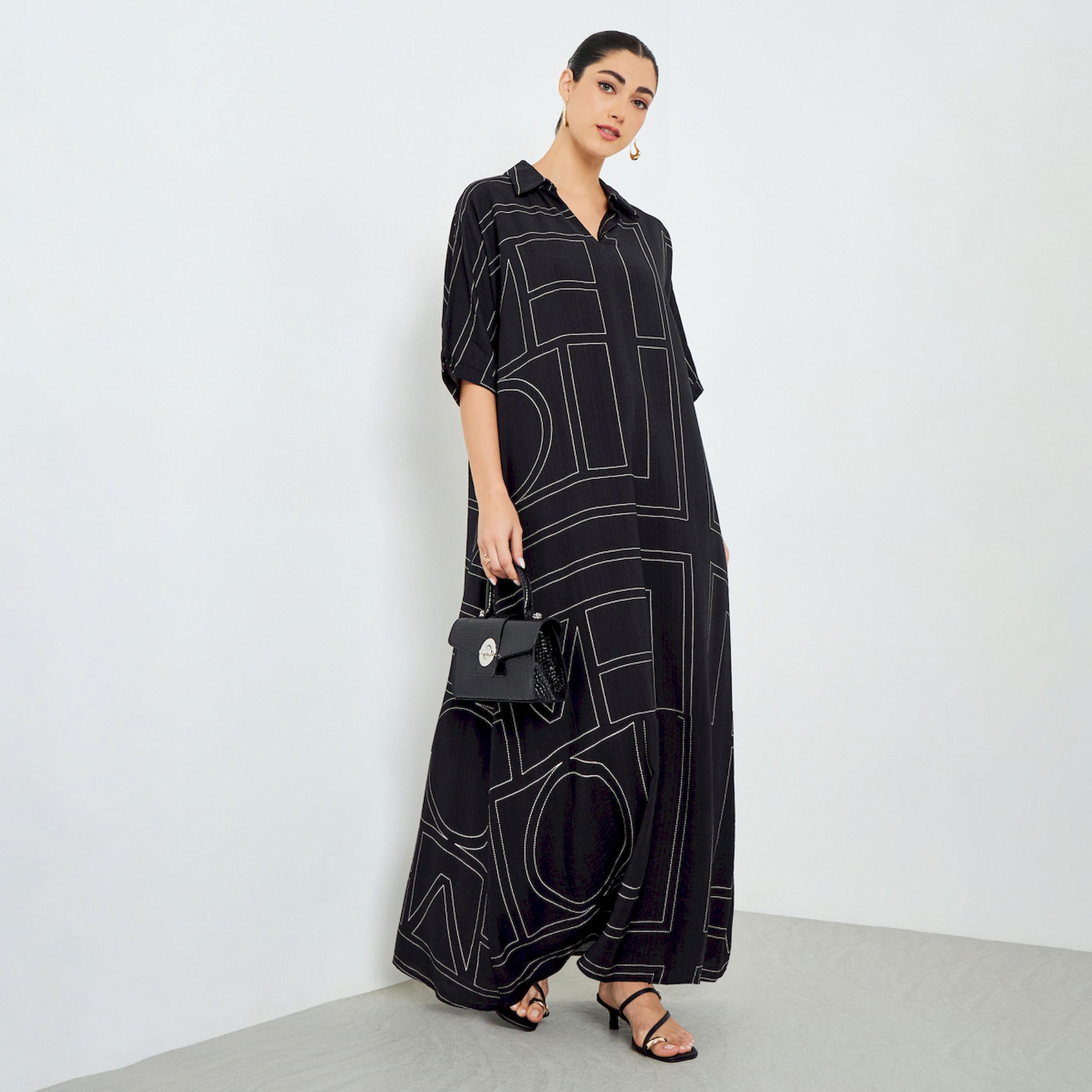 Styli Black Geometric Printed Batwing Sleeve A-Line Jalabiya-women-arabicclothing-jalabiyas-image-1