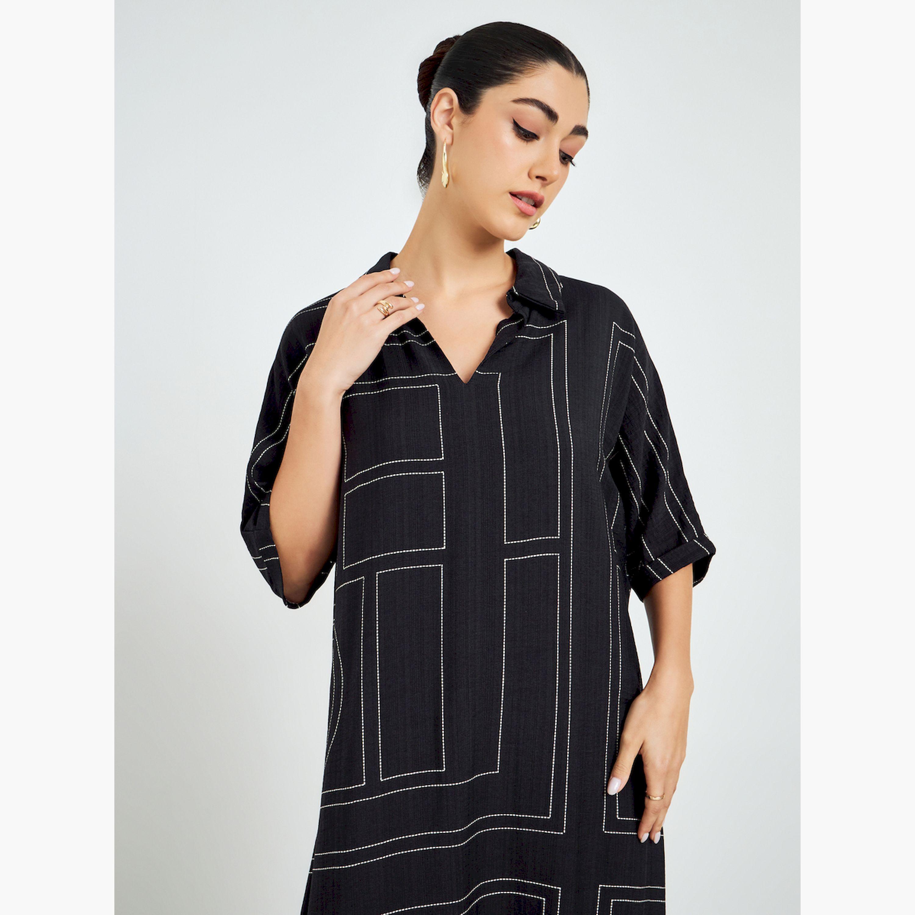 Styli Black Geometric Printed Batwing Sleeve A-Line Jalabiya-women-arabicclothing-jalabiyas-image-2