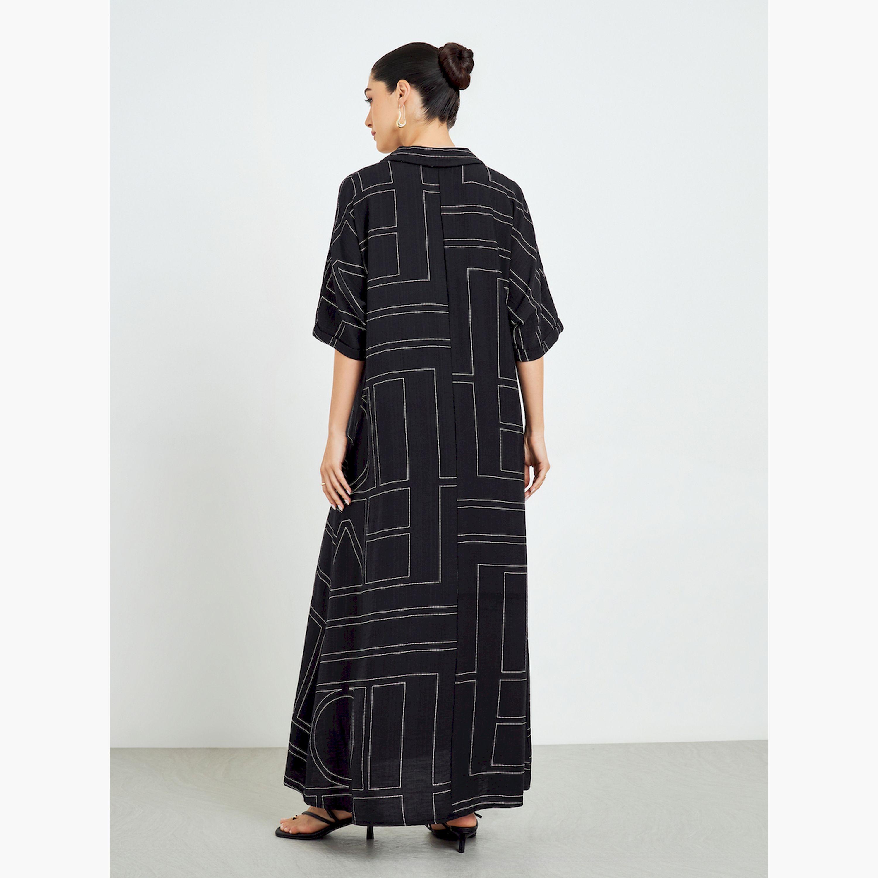 Styli Black Geometric Printed Batwing Sleeve A-Line Jalabiya-women-arabicclothing-jalabiyas-image-5
