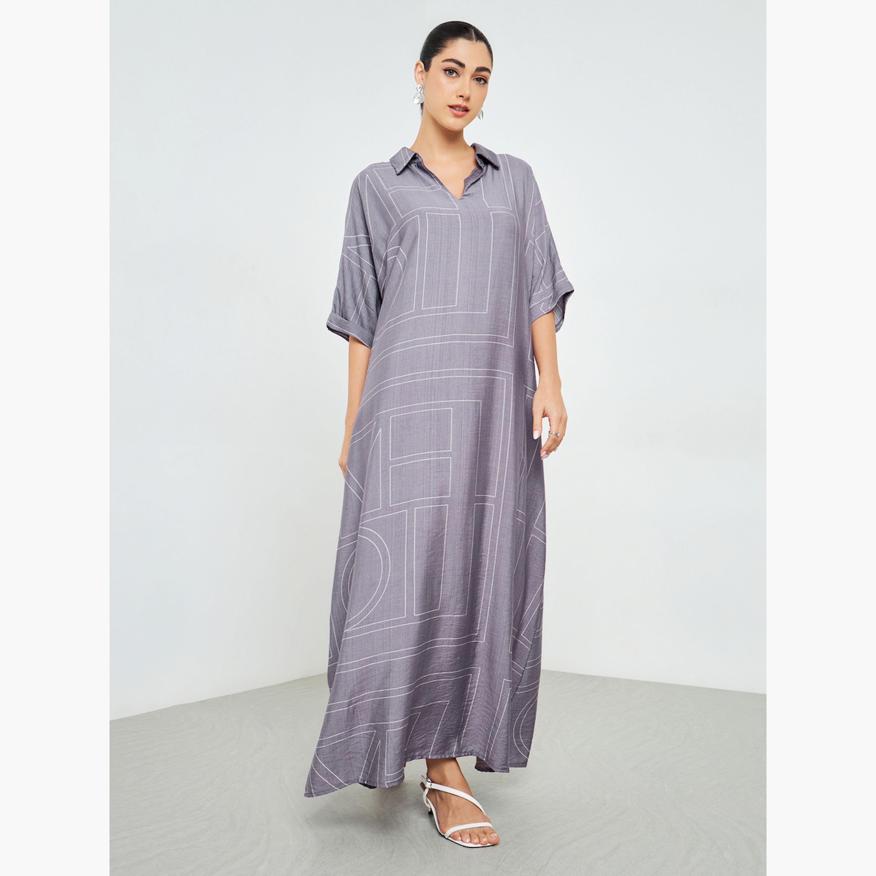 Styli Purple Printed Collared A-Line Jalabiya-women-arabicclothing-jalabiyas-image-1