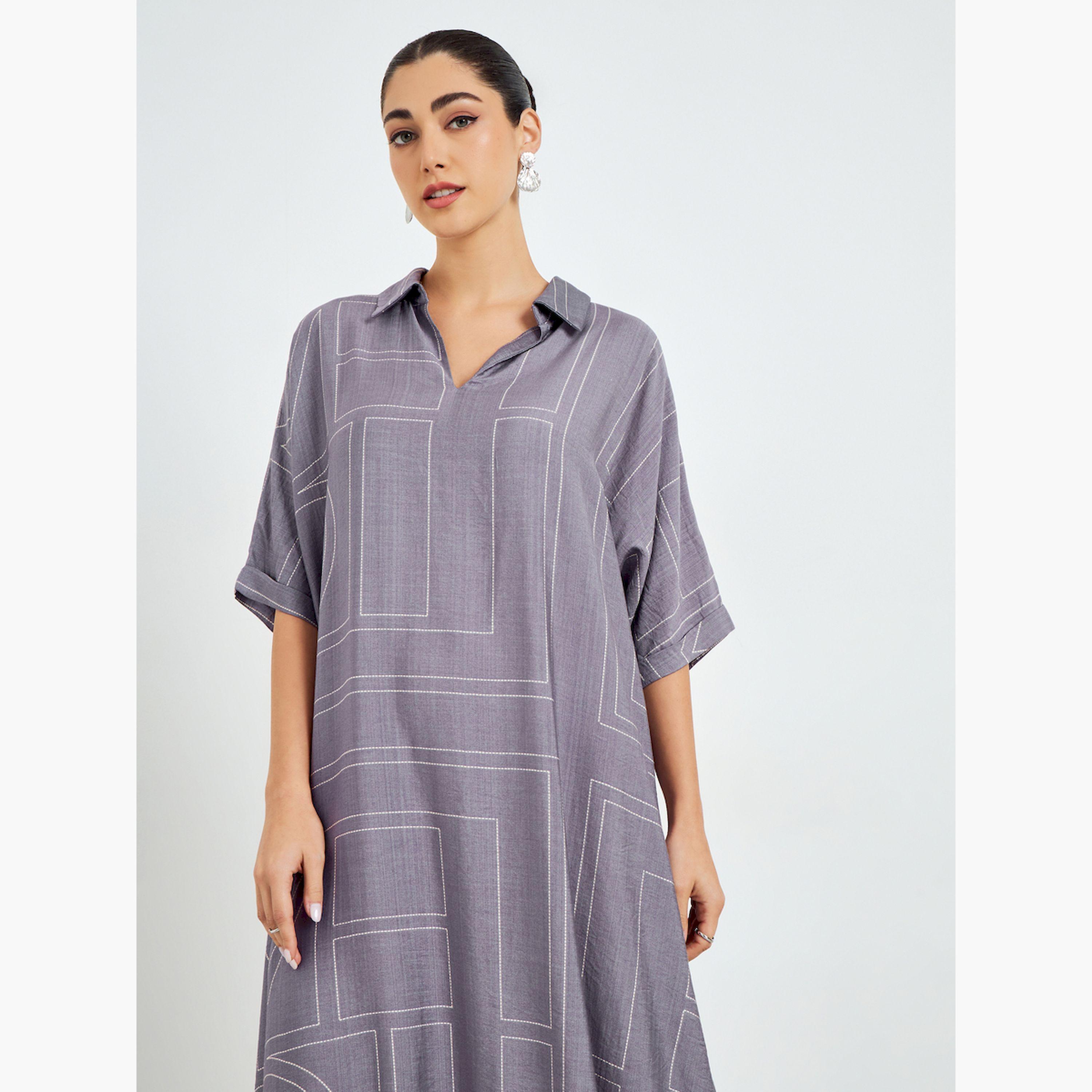 Styli Purple Printed Collared A-Line Jalabiya-women-arabicclothing-jalabiyas-image-2