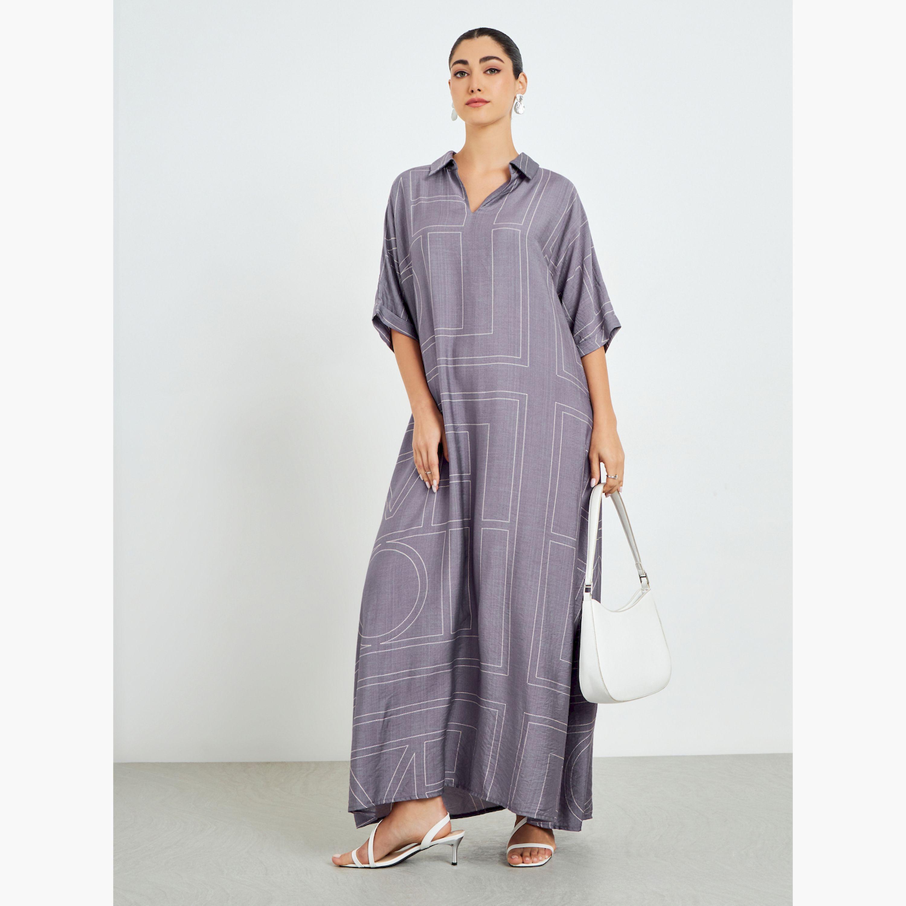 Styli Purple Printed Collared A-Line Jalabiya-women-arabicclothing-jalabiyas-image-4