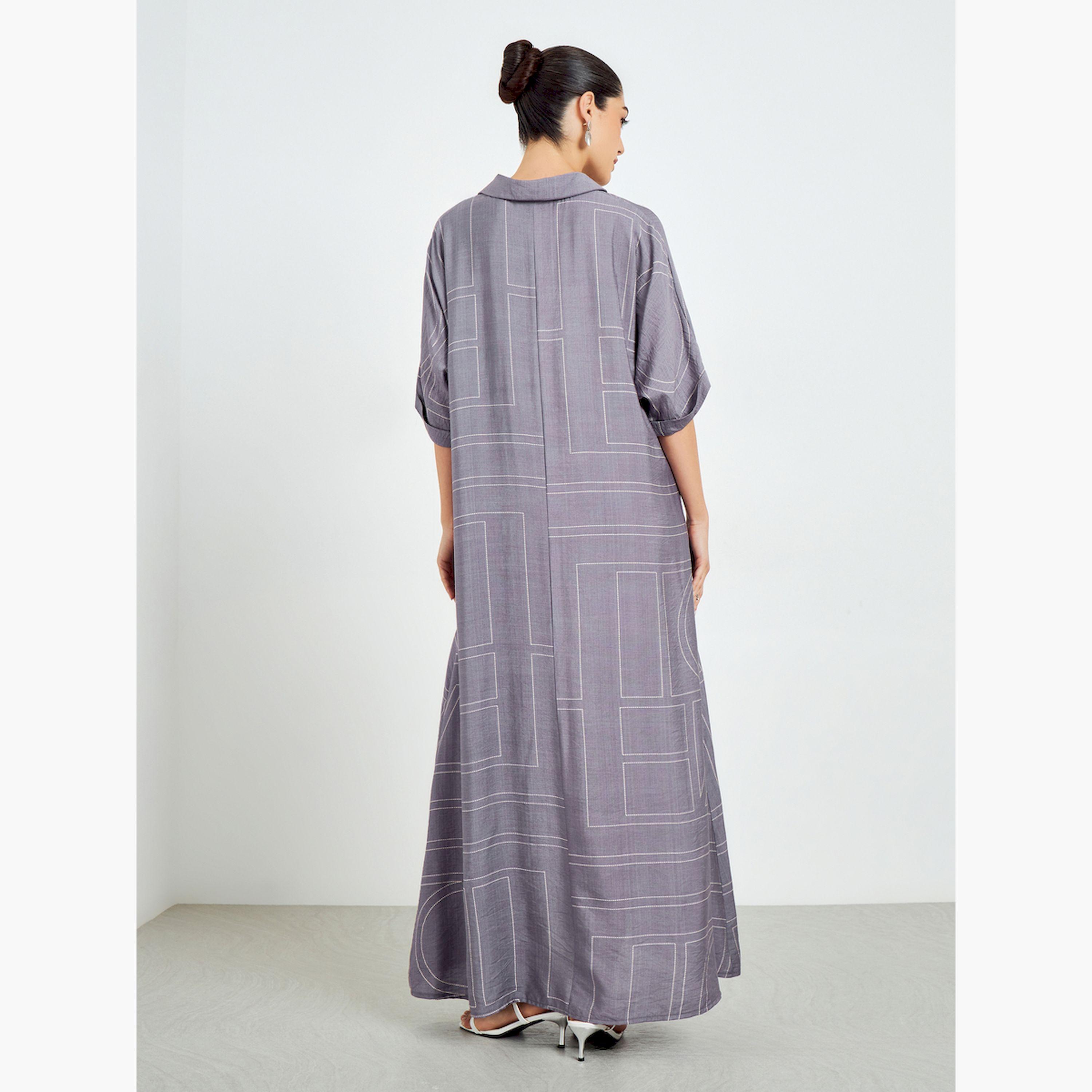 Styli Purple Printed Collared A-Line Jalabiya-women-arabicclothing-jalabiyas-image-5