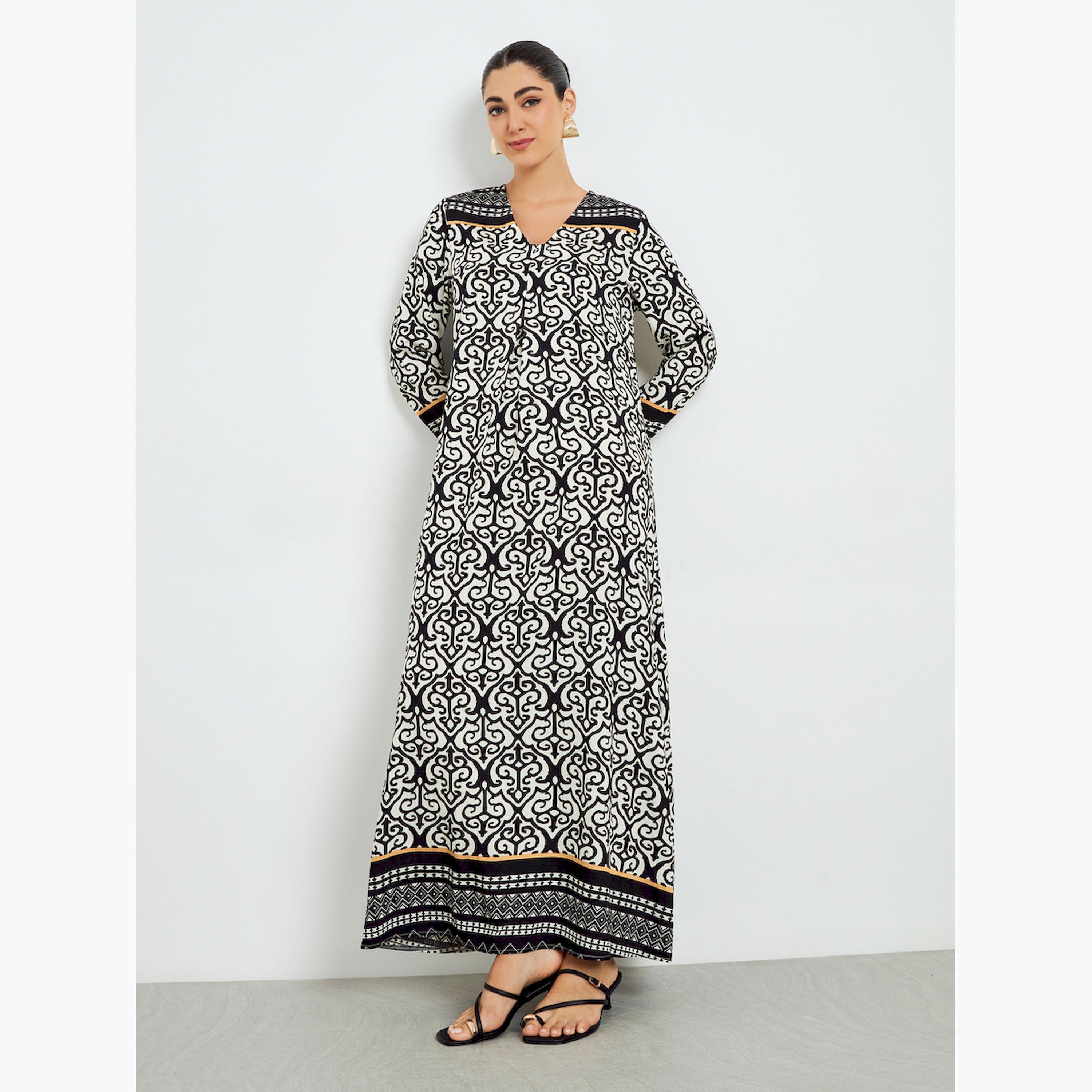 Styli Black Printed V-Neck A-Line Jalabiya-women-arabicclothing-jalabiyas-image-4