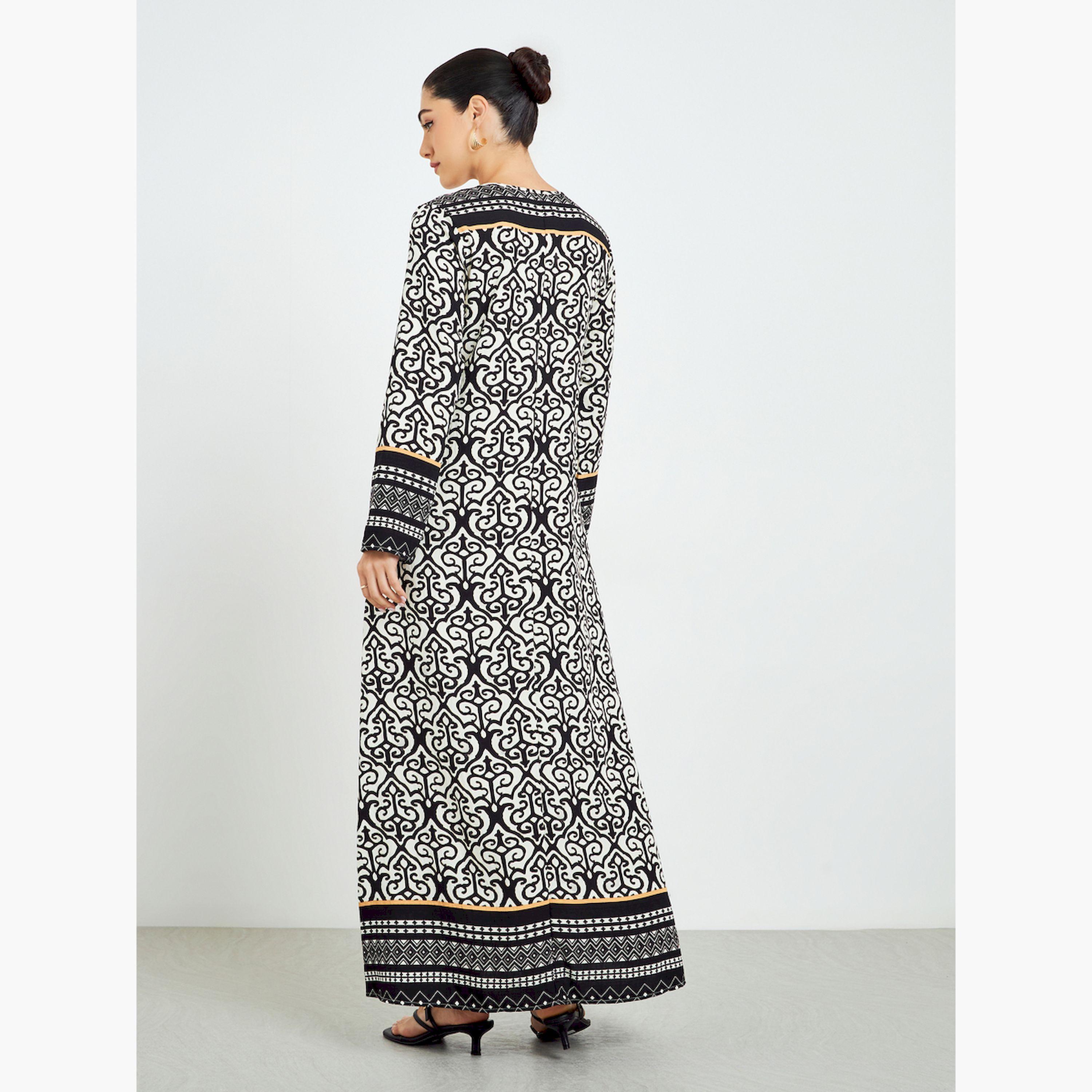 Styli Black Printed V-Neck A-Line Jalabiya-women-arabicclothing-jalabiyas-image-6
