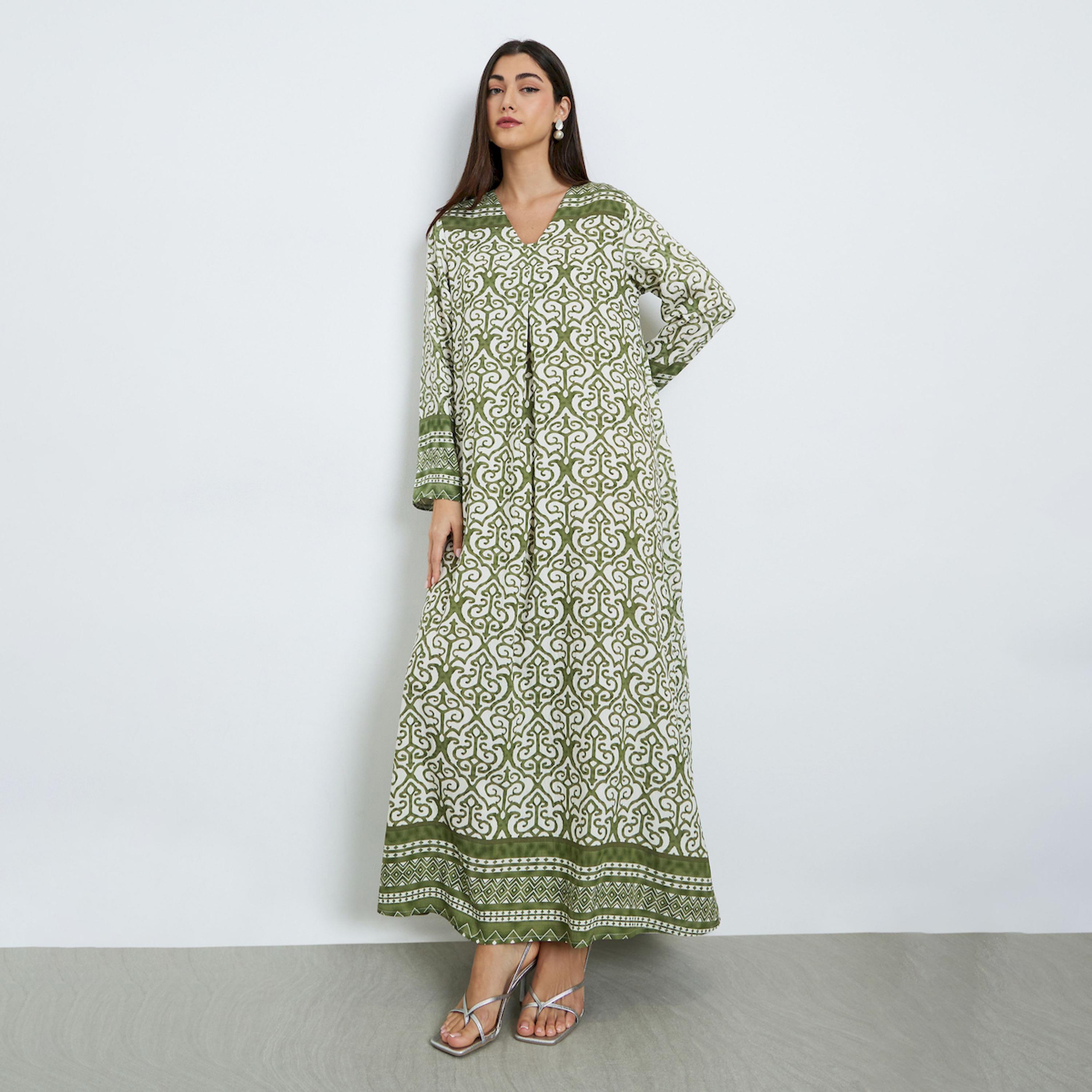 Styli Green Printed Long Sleeve A-Line Jalabiya-women-arabicclothing-jalabiyas-image-1