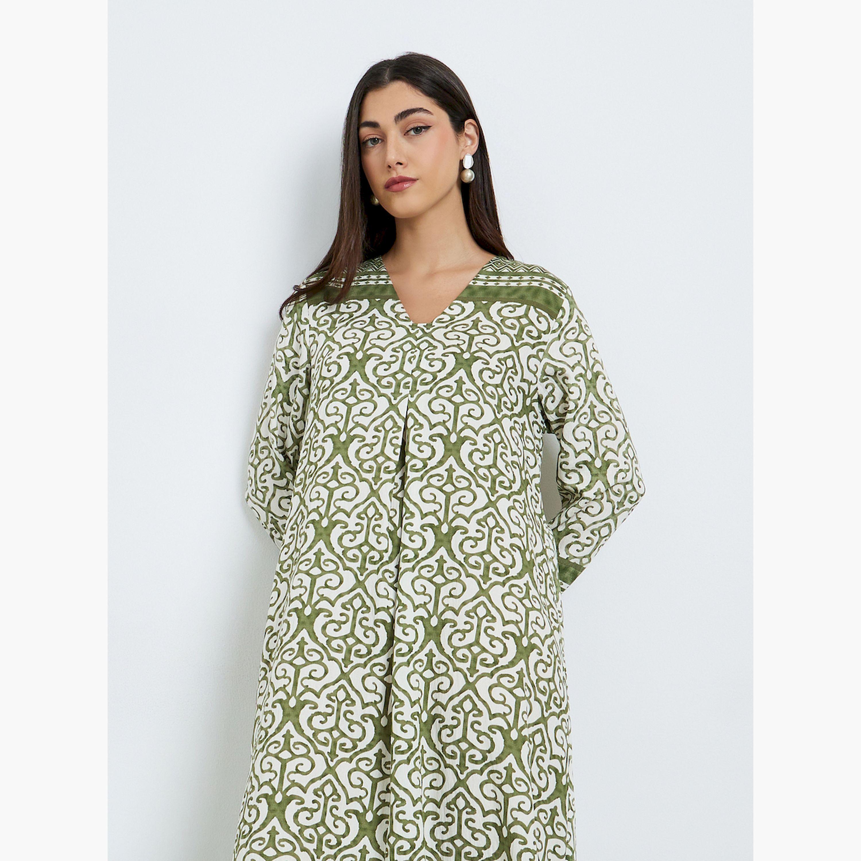 Styli Green Printed Long Sleeve A-Line Jalabiya-women-arabicclothing-jalabiyas-image-2