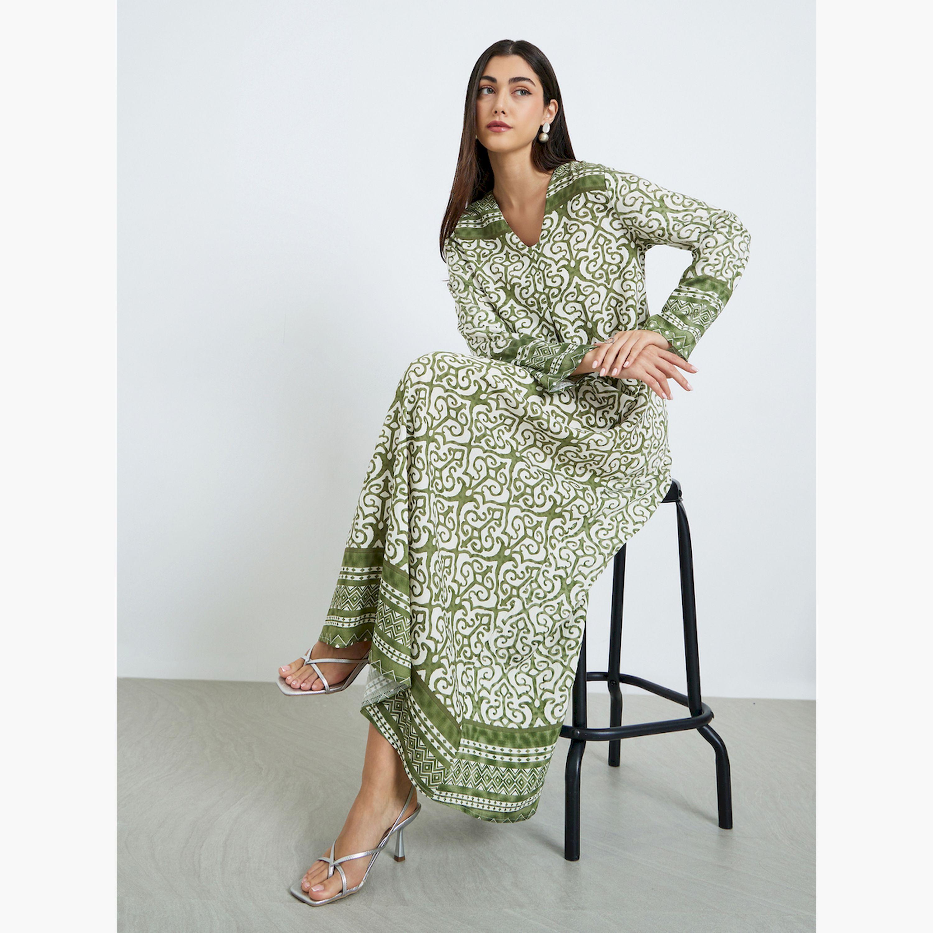 جلابية بحافة واسعة وأكمام طويلة ومطبوعة-women-arabicclothing-jalabiyas-image-3