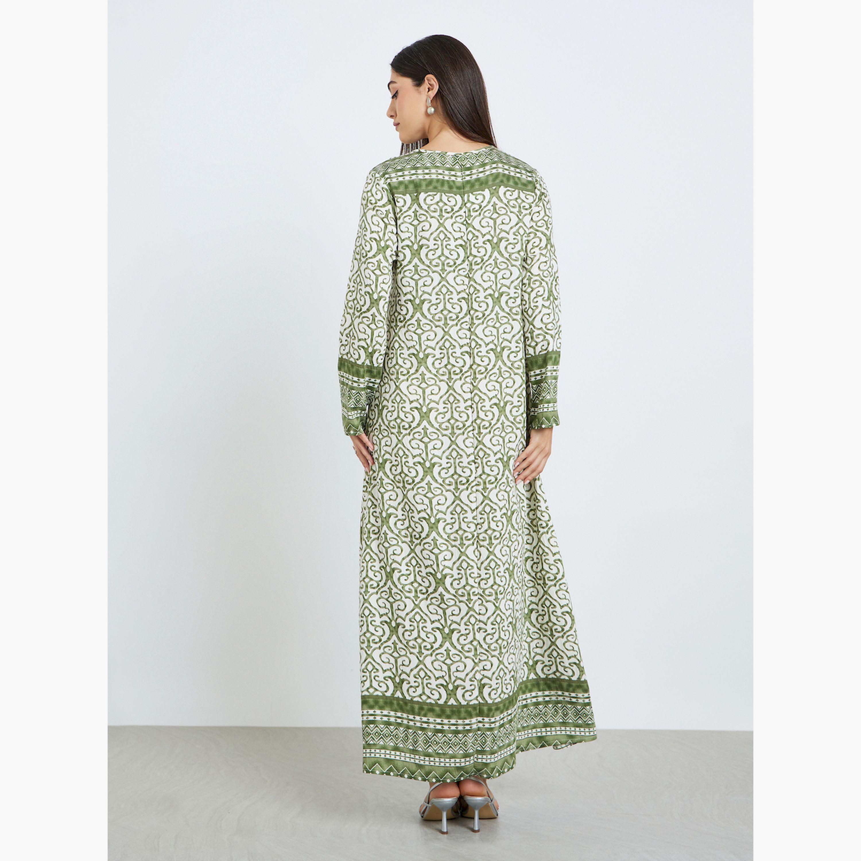 جلابية بحافة واسعة وأكمام طويلة ومطبوعة-women-arabicclothing-jalabiyas-image-5