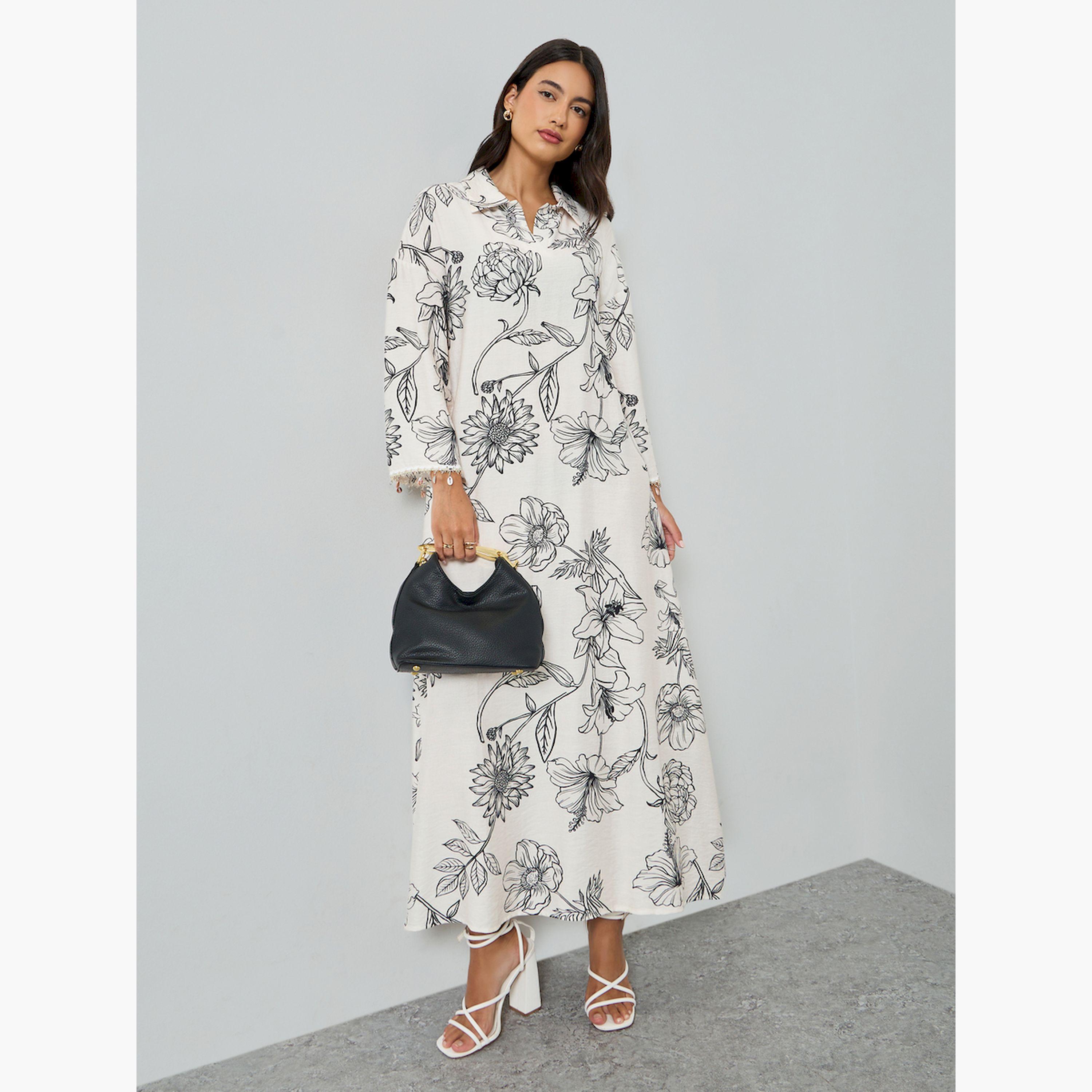 Styli Floral Print Jalabiya with Round Drop Sleeve Trim-women-arabicclothing-jalabiyas-image-1