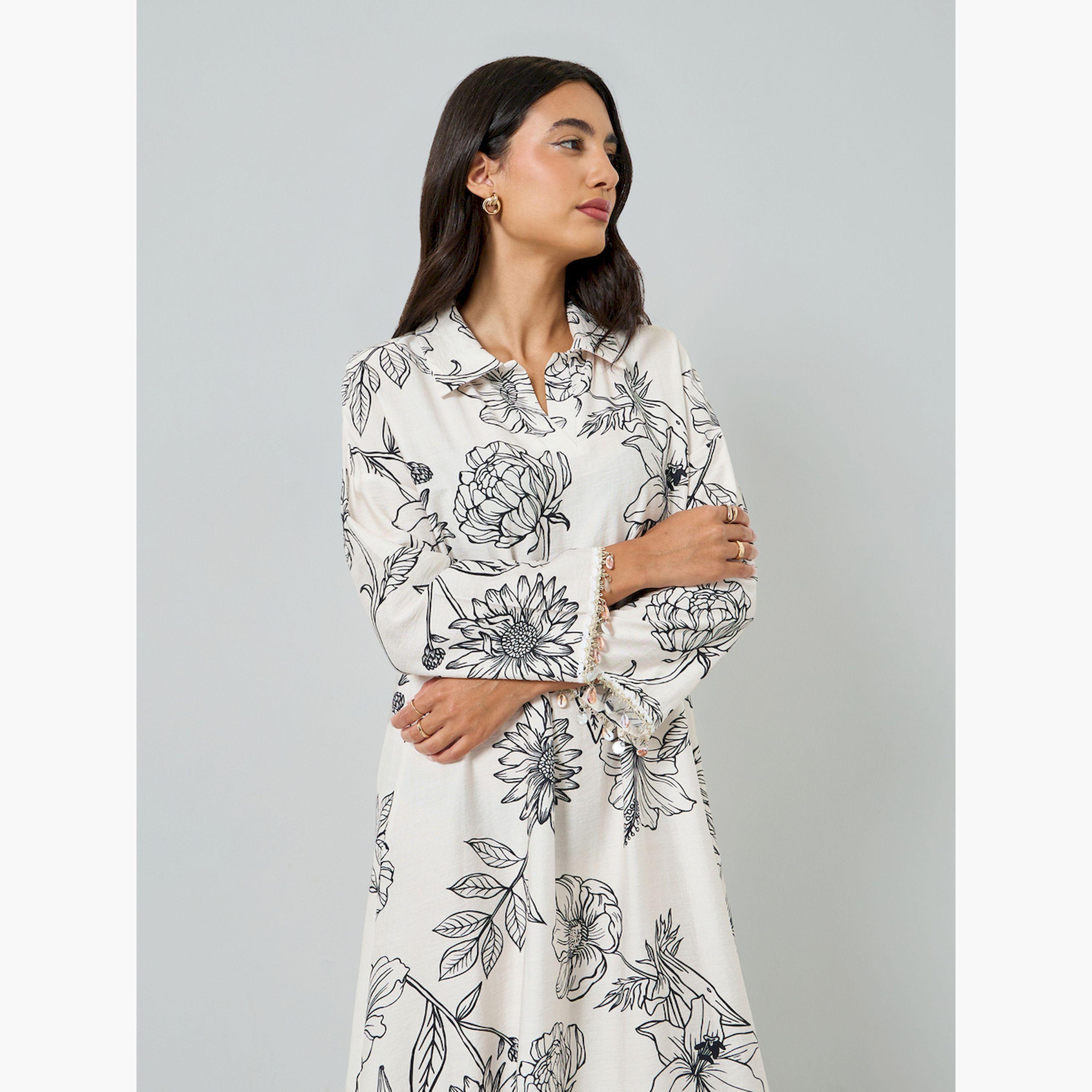 جلابية بطبعة زهور وتفاصيل أكمام منسدلة-women-arabicclothing-jalabiyas-image-2