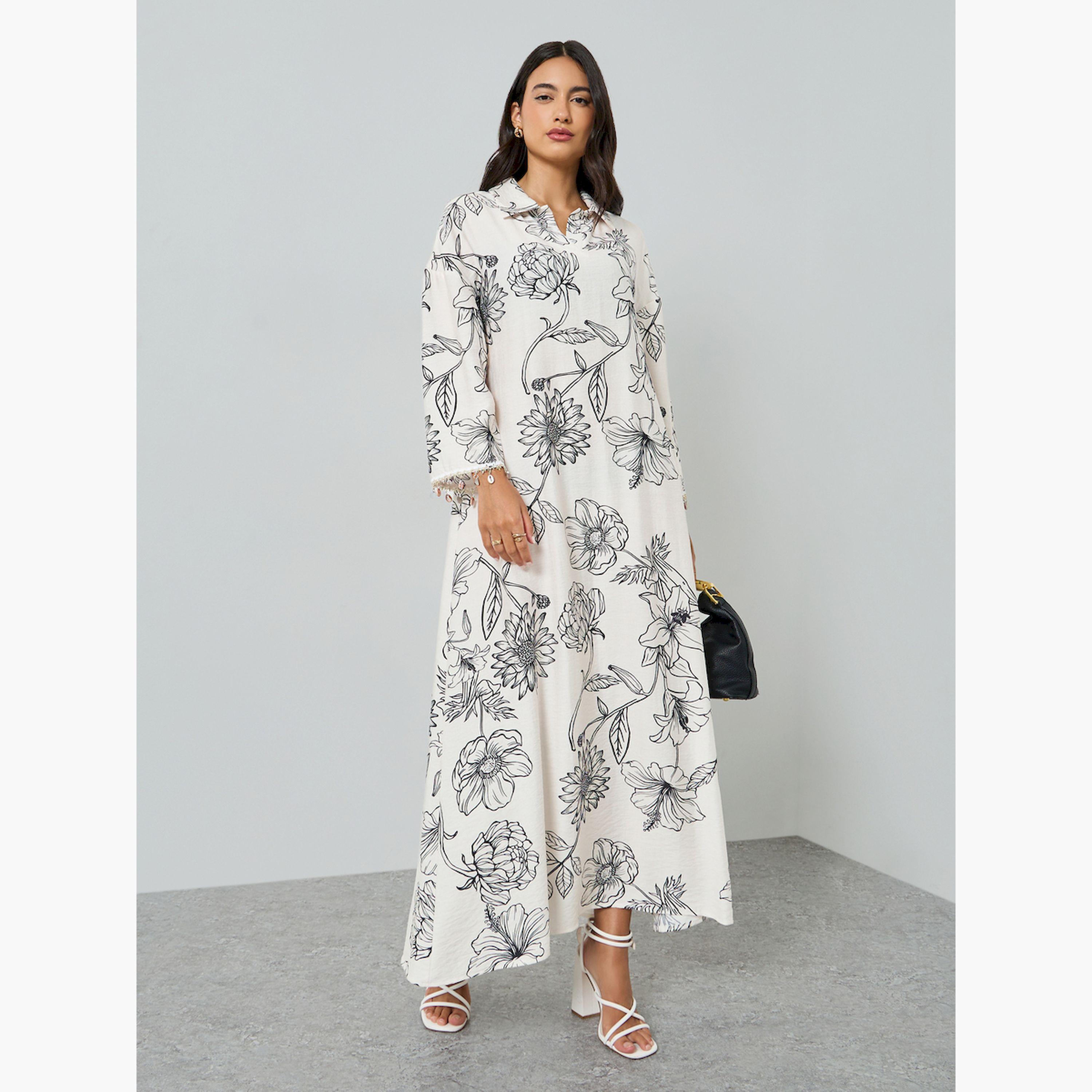 Styli Floral Print Jalabiya with Round Drop Sleeve Trim-women-arabicclothing-jalabiyas-image-3