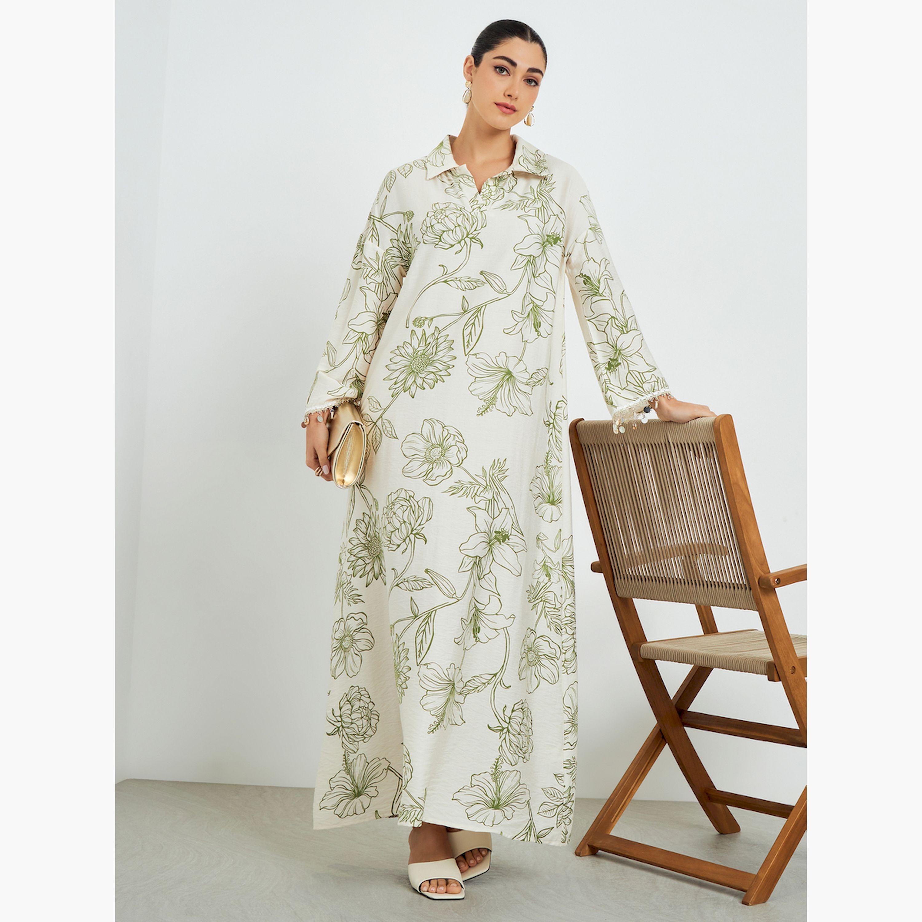 جلابية بطبعة زهور وتفاصيل أكمام منسدلة-women-arabicclothing-jalabiyas-image-1