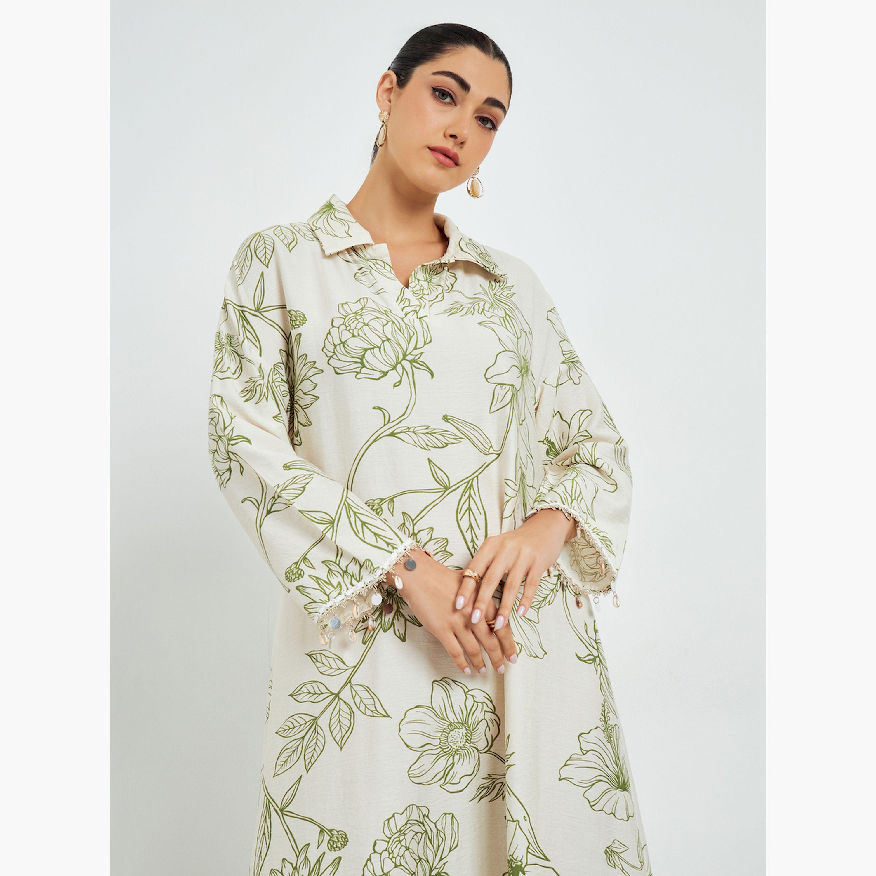 جلابية بطبعة زهور وتفاصيل أكمام منسدلة-women-arabicclothing-jalabiyas-image-2